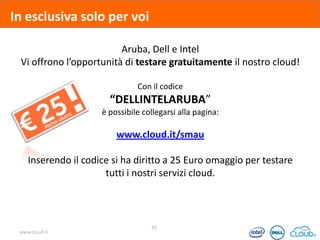In esclusiva solo per voi
Aruba, Dell e Intel
Vi offrono l’opportunità di testare gratuitamente il nostro cloud!
Con il codice

“DELLINTELARUBA”
è possibile collegarsi alla pagina:

www.cloud.it/smau

Inserendo il codice si ha diritto a 25 Euro omaggio per testare
tutti i nostri servizi cloud.

www.cloud.it

20

 