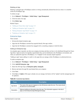 Deleting an App
Deleting a managed app in WorkSpace results in it being automatically deleted from devices where it is installed
within the WorkSpace app.
To delete an app:
1. Go to Onboard + WorkSpace > Initial Setup > Apps Management.
2. Click the name of an app.
3. Click Delete App.
Related Topics:
l "Adding an iTunes Store App" on page 115
l "Adding an Enterprise App" on page 113
l "Editing Enterprise App Details" on page 114
l "Updating an Enterprise App" on page 115
Enterprise Apps
These include:
l In-house-developed enterprise apps
l Apps that the WorkSpace customer has acquired directly from app vendors
l Apps that the WorkSpace customer has engaged with a consulting company to build for them
Adding an Enterprise App
An enterprise app is typically one that your company develops and does not have to be distributed through the iTunes
App Store. Apps do need to be digitally signed before they can be distributed in the WorkSpace environment, and
when you upload the app file to WorkSpace, it is "wrapped" in the necessary digital signature.
"Adding an app" means adding it to add it to the apps that you manage within WorkSpace on authorized devices.
To add an enterprise app:
1. Go to Onboard + WorkSpace > Initial Setup > Apps Management.
2. Click Add iOS Enterprise App.
3. Select the iOS App Type as Enterprise (policy managed).
4. Browse and select the app file (.ipa format) from your computer.
5. Click Next.
6. Click Save or Update. (If the app is already one you manage, the button will be "update" and the managed app will
be updated.)
Name Description
App Name
The name of the app as it appears on the iOS device under the icon. The name should
be short so it is not truncated
Description
Optional additional information about the app. This information appears in the list of
apps on the Enterprise Apps Management page.
Table 24: Customize App Options
ClearPass Guest 6.3 | User Guide Onboard + WorkSpace | 113
 