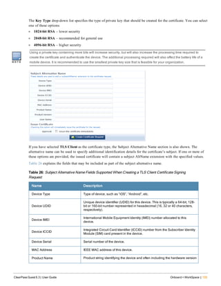 The Key Type drop-down list specifies the type of private key that should be created for the certificate. You can select
one of these options:
l 1024-bit RSA – lower security
l 2048-bit RSA – recommended for general use
l 4096-bit RSA – higher security
Using a private key containing more bits will increase security, but will also increase the processing time required to
create the certificate and authenticate the device. The additional processing required will also affect the battery life of a
mobile device. It is recommended to use the smallest private key size that is feasible for your organization.
If you have selected TLS Client as the certificate type, the Subject Alternative Name section is also shown. The
alternative name can be used to specify additional identification details for the certificate’s subject. If one or more of
these options are provided, the issued certificate will contain a subject AltName extension with the specified values.
Table 26 explains the fields that may be included as part of the subject alternative name.
Name Description
Device Type Type of device, such as “iOS”, “Android”, etc.
Device UDID
Unique device identifier (UDID) for this device. This is typically a 64-bit, 128-
bit or 160-bit number represented in hexadecimal (16, 32 or 40 characters,
respectively).
Device IMEI
International Mobile Equipment Identity (IMEI) number allocated to this
device.
Device ICCID
Integrated Circuit Card Identifier (ICCID) number from the Subscriber Identity
Module (SIM) card present in the device.
Device Serial Serial number of the device.
MAC Address IEEE MAC address of this device.
Product Name Product string identifying the device and often including the hardware version
Table 26: Subject Alternative Name Fields Supported When Creating a TLS Client Certificate Signing
Request
ClearPass Guest 6.3 | User Guide Onboard + WorkSpace | 133
 