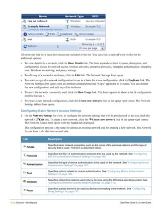 164 | Onboard + WorkSpace ClearPass Guest 6.3 | User Guide
All networks that have been provisioned are included in the list. You can click a network's row in the list for
additional options:
l To view details for a network, click its Show Details link. The form expands to show its name, description, and
configuration values for network access, wireless networks, enterprise protocols, enterprise authentication, enterprise
trust, Windows networking, and proxy settings.
l To edit any of a network's attributes, click its Edit link. The Network Settings form opens.
l To create a copy of a network configuration to use as a basis for a new configuration, click its Duplicate link. The
Network Settings form opens with all attributes prepopulated and "Copy" appended to its name. You can rename
the new configuration, and edit any of its attributes.
l To see if the network is currently used, click its Show Usage link. The form expands to show a list of configuration
profiles that use it.
l To create a new network configuration, click the Create new network link in the upper right corner. The Network
Settings tabbed form opens.
Configuring Basic Network Access Settings
1. On the Network Settings list view, to configure the network settings that will be provisioned to devices, click the
network’s Edit link. To create a new network, click the Create new network link in the upper-right corner.
The Network Access form opens with the Access tab displayed.
The configuration process is the same for editing an existing network and for creating a new network. The Network
Access form is divided into several tabs:
Tab Description
Access
Specifies basic network properties, such as the name of the wireless network and the type of
security that is used. This form is described below.
Protocols
Specifies the 802.1X authentication protocols that are used by the network. See "Configuring
802.1X Authentication Network Settings" on page 166.
Authentication
Specifies the type of device authentication to be used for the network. See "Configuring Device
Authentication Settings" on page 167.
Trust
Specifies options related to mutual authentication. See "Configuring Mutual Authentication
Settings" on page 168.
Windows
Specifies networking options used only by devices using the Windows operating system. See
"Configuring Windows-Specific Network Settings" on page 170.
Proxy
Specifies a proxy server to be used by devices connecting to the network. See "Configuring
Proxy Settings" on page 171.
 
