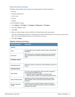 Editing WorkSpace Settings
WorkSpace settings define security policies for managed apps and include settings for:
l Passcode
l Passcode authentication
l Lock & wipe
l Fail-safe
l Logging
To edit WorkSpace settings:
1. Go to Onboard + WorkSpace > WorkSpace Configuration > WorkSpace.
2. Click the WorkSpace name.
3. Click Edit.
4. Make any desired changes. See the table below for details about each setting option.
The Name and Description fields are in the General tab. iOS and Android policies are the same in each tab and
allow you to specify differences based on the OS used by the device.
5. Click Save Changes.
App Profile Option Description
General
Name
An app profile name is required, must be unique, and should be
descriptive.
Description
While not required, a description appears in the app profile list
and so should contain additional useful details about the app
profile.
WorkSpace Banner
WorkSpace Banner
Enter text to appear across the top of the WorkSpace app when it
is open.
Passcode Policies
Allow Simple
For users to use managed apps, they must enter a passcode
when starting the WorkSpace app.
l Select this option for passcodes to a 4-digit number.
l Clear this option to define more complex passcode policies.
Require Alphanumeric
Available only when the Allow Simple check box is cleared.
When selected, users must include at least one letter in their
passcode.
Minimum Passcode
Length
Available only when the Allow Simple check box is cleared.
Enter a number to define the minimum number of characters a
passcode must contain.
Table 29: WorkSpace App Settings
ClearPass Guest 6.3 | User Guide Onboard + WorkSpace | 203
 
