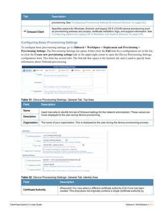 Tab Description
provisioning. See "Configuring Provisioning Settings for Android Devices" on page 222.
Onboard Client
Specifies options for Windows, Android, and legacy OS X (10.5/6) device provisioning such
as provisioning address and access, certificate validation, logo, and support information. See
"Configuring Options for Legacy OS X, Windows, and Android Devices" on page 224.
Configuring Basic Provisioning Settings
To configure basic provisioning settings, go to Onboard + WorkSpace > Deployment and Provisioning >
Provisioning Settings. The Provisioning Settings list opens. Either click the Edit link for a configuration set in the list,
or click the Create new provisioning settings link in the upper-right corner to open the Device Provisioning Settings
configuration form. This form has several tabs. The first tab that opens is the General tab, and is used to specify basic
information about Onboard provisioning.
Field Description
Name
Used internally to identify this set of Onboard settings for the network administrator. These values are
never displayed to the user during device provisioning.
Description
Organization The name of your organization. This is displayed to the user during the device provisioning process.
Table 31: Device Provisioning Settings, General Tab, Top Area
Field Description
Certificate Authority
(Required) You may select a different certificate authority (CA) if one has been
created. This drop-down list originally contains a single certificate authority by
Table 32: Device Provisioning Settings, General Tab, Identity Area
ClearPass Guest 6.3 | User Guide Onboard + WorkSpace | 213
 