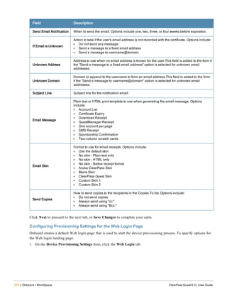 216 | Onboard + WorkSpace ClearPass Guest 6.3 | User Guide
Field Description
Send Email Notification When to send the email. Options include one, two, three, or four weeks before expiration.
If Email is Unknown
Action to take if the user's email address is not recorded with the certificate. Options include:
l Do not send any message
l Send a message to a fixed email address
l Send a message to username@domain
Unknown Address
Address to use when no email address is known for the user.This field is added to the form if
the "Send a message to a fixed email address" option is selected for unknown email
addresses.
Unknown Domain
Domain to append to the username to form an email address.This field is added to the form
if the "Send a message to username@domain" option is selected for unknown email
addresses.
Subject Line Subject line for the notification email.
Email Message
Plain text or HTML print template to use when generating the email message. Options
include:
l Account List
l Certificate Expiry
l Download Receipt
l GuestManager Receipt
l One account per page
l SMS Receipt
l Sponsorship Confirmation
l Two-column scratch cards
Email Skin
Format to use for email receipts. Options include:
l Use the default skin
l No skin – Plain text only
l No skin – HTML only
l No skin – Native receipt format
l Aruba ClearPass Skin
l Blank Skin
l ClearPass Guest Skin
l Custom Skin 1
l Custom Skin 2
Send Copies
How to send copies to the recipients in the Copies To list. Options include:
l Do not send copies
l Always send using "cc:"
l Always send using "Bcc:"
Click Next to proceed to the next tab, or Save Changes to complete your edits.
Configuring Provisioning Settings for the Web Login Page
Onboard creates a default Web login page that is used to start the device provisioning process. To specify options for
the Web login landing page:
1. On the Device Provisioning Settings form, click the Web Login tab.
 