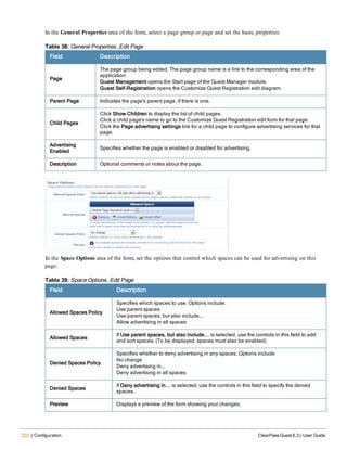232 | Configuration ClearPass Guest 6.3 | User Guide
In the General Properties area of the form, select a page group or page and set the basic properties:
Field Description
Page
The page group being edited. The page group name is a link to the corresponding area of the
application:
Guest Management opens the Start page of the Guest Manager module.
Guest Self-Registration opens the Customize Guest Registration edit diagram.
Parent Page Indicates the page's parent page, if there is one.
Child Pages
Click Show Children to display the list of child pages.
Click a child page's name to go to the Customize Guest Registration edit form for that page.
Click the Page advertising settings link for a child page to configure advertising services for that
page.
Advertising
Enabled
Specifies whether the page is enabled or disabled for advertising.
Description Optional comments or notes about the page.
Table 38: General Properties, Edit Page
In the Space Options area of the form, set the options that control which spaces can be used for advertising on this
page:
Field Description
Allowed Spaces Policy
Specifies which spaces to use. Options include:
Use parent spaces
Use parent spaces, but also include...
Allow advertising in all spaces
Allowed Spaces
If Use parent spaces, but also include... is selected, use the controls in this field to add
and sort spaces. (To be displayed, spaces must also be enabled)
Denied Spaces Policy
Specifies whether to deny advertising in any spaces. Options include:
No change
Deny advertising in...
Deny advertising in all spaces
Denied Spaces
If Deny advertising in... is selected, use the controls in this field to specify the denied
spaces.
Preview Displays a preview of the form showing your changes.
Table 39: Space Options, Edit Page
 