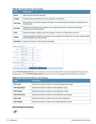 238 | Configuration ClearPass Guest 6.3 | User Guide
Field Description
Name (Required) Name for this campaign.
Enabled If selected, allows promotions from this campaign to be delivered.
Start Date
Date and time on which this campaign will begin. To start delivering this campaign immediately, leave
this field blank.
End Date
Date and time after which the campaign will no longer be delivered. To deliver this campaign
indefinitely, leave this field blank.
Rank (Required) Applies a relative rank to the campaign. A rank of 1 is higher than a rank of 2.
Weight
(Required) Applies a weight to a campaign. If two campaigns have equal rank, one with a greater weight
will be displayed more than the other.
Description Optional comments or notes about the campaign.
Table 46: General Properties, Edit Campaign
In the Web Promotions Delivery area of the form, set the options that define when the campaign's Web promotions
are delivered. Use the SMS Promotions Delivery area to set when the campaign's SMS promotions are deliverd:
Field Description
With Login Select the promotion to deliver on the landing page (login page).
With Registration Select the promotion to deliver on the registration page.
With Receipt Select the promotion to deliver on the registration receipt.
With Self-Service Select the promotion to deliver on the self-service portal pages.
After Login Select the promotion to deliver when the user has logged in.
With Receipt Select the promotion to deliver on the SMS registration receipt.
Table 47: Web Promotions Delivery, Edit Campaign
Advertising Promotions
 