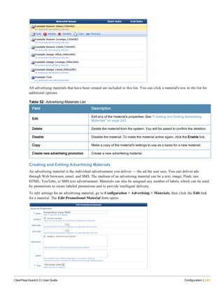 All advertising materials that have been created are included in this list. You can click a material's row in the list for
additional options.
Field Description
Edit
Edit any of the material's properties. See "Creating and Editing Advertising
Materials" on page 243.
Delete Delete the material from the system. You will be asked to confirm the deletion.
Disable Disable the material. To make the material active again, click the Enable link.
Copy Make a copy of the material's settings to use as a basis for a new material.
Create new advertising promotion Create a new advertising material.
Table 52: Advertising Materials List
Creating and Editing Advertising Materials
An advertising material is the individual advertisement you deliver — the ad the user sees. You can deliver ads
through Web browsers, email, and SMS. The medium of an advertising material can be a text, image, Flash, raw
HTML, YouTube, or SMS text advertisement. Materials can also be assigned any number of labels, which can be used
by promotions to create labeled promotions and to provide intelligent delivery.
To edit settings for an advertising material, go to Configuration > Advertising > Materials, then click the Edit link
for a material. The Edit Promotional Material form opens.
ClearPass Guest 6.3 | User Guide Configuration | 243
 