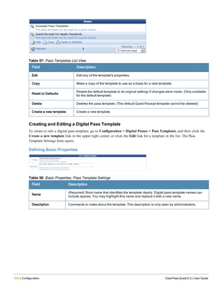 256 | Configuration ClearPass Guest 6.3 | User Guide
Field Description
Edit Edit any of the template's properties.
Copy Make a copy of the template to use as a basis for a new template.
Reset to Defaults
Resets the default template to its original settings if changes were made. (Only available
for the default template)
Delete Deletes the pass template. (The default Guest Receipt template cannot be deleted)
Create a new template Create a new template.
Table 57: Pass Templates List View
Creating and Editing a Digital Pass Template
To create or edit a digital pass template, go to Configuration > Digital Passes > Pass Templates, and then click the
Create a new template link in the upper right corner, or click the Edit link for a template in the list. The Pass
Template Settings form opens.
Defining Basic Properties
Field Description
Name
(Required) Short name that identifies the template clearly. Digital pass template names can
include spaces. You may highlight this name and replace it with a new name.
Description Comments or notes about the template. This description is only seen by administrators.
Table 58: Basic Properties, Pass Template Settings
 
