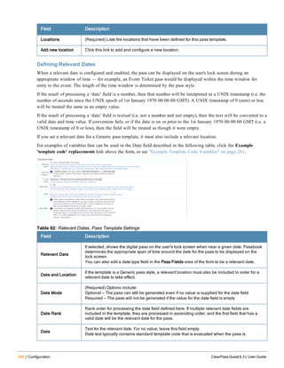 260 | Configuration ClearPass Guest 6.3 | User Guide
Field Description
Locations (Required) Lists the locations that have been defined for this pass template.
Add new location Click this link to add and configure a new location.
Defining Relevant Dates
When a relevant date is configured and enabled, the pass can be displayed on the user's lock screen during an
appropriate window of time — for example, an Event Ticket pass would be displayed within the time window for
entry to the event. The length of the time window is determined by the pass style.
If the result of processing a ‘date’ field is a number, then that number will be interpreted as a UNIX timestamp (i.e. the
number of seconds since the UNIX epoch of 1st January 1970 00:00:00 GMT). A UNIX timestamp of 0 (zero) or less
will be treated the same as an empty value.
If the result of processing a ‘date’ field is textual (i.e. not a number and not empty), then the text will be converted to a
valid date and time value. If conversion fails, or if the date is on or prior to the 1st January 1970 00:00:00 GMT (i.e. a
UNIX timestamp of 0 or less), then the field will be treated as though it were empty.
If you set a relevant date for a Generic pass template, it must also include a relevant location.
For examples of variables that can be used in the Date field described in the following table, click the Example
'template code' replacements link above the form, or see "Example Template Code Variables" on page 261.
Field Description
Relevant Date
If selected, shows the digital pass on the user's lock screen when near a given date. Passbook
determines the appropriate span of time around the date for the pass to be displayed on the
lock screen.
You can also edit a date type field in the Pass Fields area of the form to be a relevant date.
Date and Location
If the template is a Generic pass style, a relevant location must also be included in order for a
relevant date to take effect.
Date Mode
(Required) Options include:
Optional — The pass can still be generated even if no value is supplied for the date field
Required — The pass will not be generated if the value for the date field is empty
Date Rank
Rank order for processing the date field defined here. If multiple relevant date fields are
included in the template, they are processed in ascending order, and the first field that has a
valid date will be the relevant date for the pass.
Date
Text for the relevant date. For no value, leave this field empty.
Date text typically contains standard template code that is evaluated when the pass is
Table 62: Relevant Dates, Pass Template Settings
 