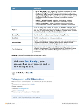 266 | Configuration ClearPass Guest 6.3 | User Guide
Field Description
l Do not send copies – The Copies To list is ignored and email is not copied.
l Always send using ‘cc:’ – The Copies To list is always sent a copy of any
guest account receipt (even if no guest account email address is available).
l Always send using ‘bcc:’ – The Copies To list is always sent a blind copy of
any guest account receipt (even if no guest account email address is
available).
l Use ‘cc:’ if sending to a visitor – If a guest account email address is
available, the email addresses in the Copies To list will be copied.
l Use ‘bcc:’ if sending to a visitor – If a guest account email address is
available, the email addresses in the Copies To list will be blind copied.
Reply-To
To use the global From Address, do not mark the check box in the field. If you
want the Reply-To address to be overridden by the sponsor_email field of the
user, or by the admin's email, select the check box in this field. When you select
this check box, the Override From field is added to the form.
Override From Overrides the From Address instead of using the Reply-To value.
Email Field The field that will contain the visitor's email address.
Auto-Send Field
The field that will cause an account receipt email to be automatically sent when
a visitor account is created. The email receipt will only be sent if the field
selected here contains a non-empty string of non-zero value.
Test Mail Settings
To preview and verify the appearance of the email receipt, you can send
yourself or another person a test message.Enter the test message recipient’s
email address, then click Send Test Message. The test message is sent
immediately.
Figure 24 Example of Email Receipt Test Message Content
 