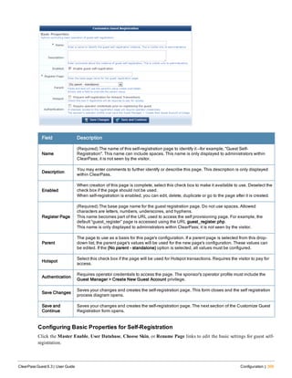 Field Description
Name
(Required) The name of this self-registration page to identify it —for example, "Guest Self-
Registration". This name can include spaces. This name is only displayed to administrators within
ClearPass; it is not seen by the visitor.
Description
You may enter comments to further identify or describe this page. This description is only displayed
within ClearPass.
Enabled
When creation of this page is complete, select this check box to make it available to use. Deselect the
check box if the page should not be used.
When self-registration is enabled, you can edit, delete, duplicate or go to the page after it is created.
Register Page
(Required) The base page name for the guest registration page. Do not use spaces. Allowed
characters are letters, numbers, underscores, and hyphens.
This name becomes part of the URL used to access the self provisioning page. For example, the
default “guest_register” page is accessed using the URL guest_register.php.
This name is only displayed to administrators within ClearPass; it is not seen by the visitor.
Parent
The page to use as a basis for this page's configuration. If a parent page is selected from this drop-
down list, the parent page's values will be used for the new page's configuration. These values can
be edited. If the (No parent - standalone) option is selected, all values must be configured.
Hotspot
Select this check box if the page will be used for Hotspot transactions. Requires the visitor to pay for
access.
Authentication
Requires operator credentials to access the page. The sponsor's operator profile must include the
Guest Manager > Create New Guest Account privilege.
Save Changes
Saves your changes and creates the self-registration page. This form closes and the self registration
process diagram opens.
Save and
Continue
Saves your changes and creates the self-registration page. The next section of the Customize Guest
Registration form opens.
Configuring Basic Properties for Self-Registration
Click the Master Enable, User Database, Choose Skin, or Rename Page links to edit the basic settings for guest self-
registration.
ClearPass Guest 6.3 | User Guide Configuration | 309
 