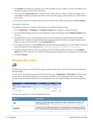 344 | Configuration ClearPass Guest 6.3 | User Guide
4. Click Refresh. For each ID you specified, a row with an editable text box is added to the form. The default text of
the label or message is shown below the text box.
5. You can use the Common IDs field to look up text IDs. Click a link for a category of labels or messages. Rows
with editable text boxes are added to the form for each item in that category, and the default text is shown below
each text box.
6. For each item you want to override, enter the new text in the text box. When you are done, click Save Changes.
Translation Assistant
To configure some basic user assistance features for the user interface's language settings:
1. Go to Configuration > Translations > Translation Assistant. The Translation Assistant form opens.
2. To set the default language pack for the user's application, choose the language from the Default Language drop-
down list.
3. The default behavior is to use the language the user's browser has detected as preferred rather than the default
translation pack. To disable automatic browser-based language detection and enforce the default translation pack
instead, you can mark the check box in the Auto-Detection field.
4. If you mark the check box in the Text IDs field, each label and message displayed in the user interface will include
its text ID number. For more information, see "Customizing Translated User Interface Text" on page 343.
5. To provide language selection options on each page of the user interface, mark the check box in the Language
Selector field. If this check box is not marked, the language selection options are only displayed on the login page.
6. Click Save Changes.
Managing Web Logins
The Web Logins page lists all the Web login pages you have created, and lets you edit and test them and create new
Web login pages.
To view the list of your Web login pages and work with them, go to Configuration > Web Logins. The Web Logins
list view opens. All Web login pages you have created are included in the list. Information shown for each page
includes its name for internal identification, title as displayed in the user interface, filename, and the skin assigned to
it.
You can click a page's row in the list for additional options:
Field Description
Edit
Edit any of a Web login page's attributes. The Web Login Editor form opens. For
more information, see "Creating and Editing Web Login Pages" on page 345.
Duplicate
Create a copy of a Web login page to use as a basis for a new page. A progress
bar is shown while the page settings are duplicated. When it is complete, the new
 