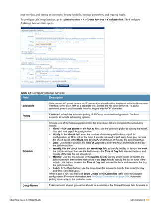 user interface, and setting an automatic polling schedule, message parameters, and logging levels.
To configure AirGroup Services, go to Administration > AirGroup Services > Configuration. The Configure
AirGroup Services form opens.
Field Description
Exclusions
Role names, AP group names, or AP names that should not be displayed in the AirGroup user
interface. Enter each item on a separate line. Entries are not case-sensitive. To add a
comment, enter it on a separate line that begins with the "#" character.
Polling
If selected, schedules automatic polling of AirGroup controller configuration. The form
expands to include scheduling options.
Schedule
Choose one of the following options from the drop-down list and complete the scheduling
details:
l None -- Run task at once: In the Run At field, use the calendar picker to specify the month,
day, and time to poll for configuration.
l Hourly: In the Minute field, enter the number of minutes past the hour to poll for
configuration, or 00 to poll on the hour. If you do not need to poll every hour, you can use
the check boxes in the Hours field to specify which hours of the day the poll should run.
l Daily: Use the text boxes in the Time of Day field to enter the hour and minute of the day
the poll should run.
l Weekly: Use the check boxes in the Weekdays field to specify the day or days of the week
the poll should run, then use the text boxes in the Time of Day field to enter the hour and
minute of the day the poll should run.
l Monthly: Use the check boxes in the Months field to specify which month or months the
poll should run, then use the text boxes in the Days field to specify the day or days of the
month. Use the text boxes in the Time of Day field to enter the hour and minute of the day
the poll should run.
l Yearly: In the Run On field, use the drop-down list to select a month, then enter the day
and time in the text boxes.
When a poll is run, you may click Show Details in the Controllers list to view the updated
configuration. For more information, see "AirGroup Controllers" on page 366. Automatic
polling is run only on the publisher node.
Group Names Enter names of shared groups that should be available in the Shared Groups field for users to
Table 73: Configure AirGroup Services
ClearPass Guest 6.3 | User Guide Administration | 369
 