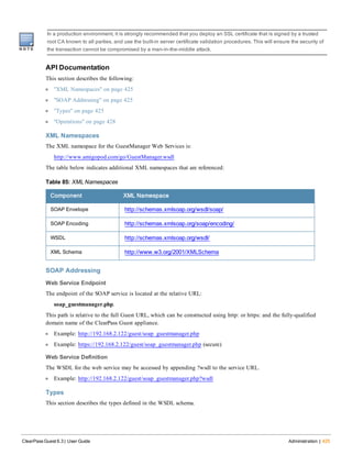In a production environment, it is strongly recommended that you deploy an SSL certificate that is signed by a trusted
root CA known to all parties, and use the built-in server certificate validation procedures. This will ensure the security of
the transaction cannot be compromised by a man-in-the-middle attack.
API Documentation
This section describes the following:
l "XML Namespaces" on page 425
l "SOAP Addressing" on page 425
l "Types" on page 425
l "Operations" on page 428
XML Namespaces
The XML namespace for the GuestManager Web Services is:
http://www.amigopod.com/go/GuestManager.wsdl
The table below indicates additional XML namespaces that are referenced:
Component XML Namespace
SOAP Envelope http://schemas.xmlsoap.org/wsdl/soap/
SOAP Encoding http://schemas.xmlsoap.org/soap/encoding/
WSDL http://schemas.xmlsoap.org/wsdl/
XML Schema http://www.w3.org/2001/XMLSchema
Table 85: XML Namespaces
SOAP Addressing
Web Service Endpoint
The endpoint of the SOAP service is located at the relative URL:
soap_guestmanager.php.
This path is relative to the full Guest URL, which can be constructed using http: or https: and the fully-qualified
domain name of the ClearPass Guest appliance.
l Example: http://192.168.2.122/guest/soap_guestmanager.php
l Example: https://192.168.2.122/guest/soap_guestmanager.php (secure)
Web Service Definition
The WSDL for the web service may be accessed by appending ?wsdl to the service URL.
l Example: http://192.168.2.122/guest/soap_guestmanager.php?wsdl
Types
This section describes the types defined in the WSDL schema.
ClearPass Guest 6.3 | User Guide Administration | 425
 