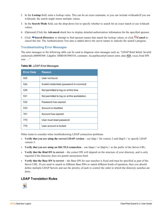 450 | Operator Logins ClearPass Guest 6.3 | User Guide
2. In the Lookup field, enter a lookup value. This can be an exact username, or you can include wildcards.If you use
wildcards, the search might return multiple values.
3. In the Search Mode field, use the drop-down list to specify whether to search for an exact match or use wildcard
values.
4. (Optional) Click the Advanced check box to display detailed authorization information for the specified sponsor.
5. Click Search Directory to attempt to find sponsor names that match the lookup values, or click Cancel to
cancel the test. The Authentication Test area is added above the server names to indicate the search’s progress.
Troubleshooting Error Messages
The error messages in the following table can be used to diagnose error messages such as: “LDAP Bind failed: Invalid
credentials (80090308: LdapErr: DSID-0C090334, comment: AcceptSecurityContext error, data 525, vece), bind DN
was: …”
Error Data Reason
525 User not found
52e Invalid credentials (password is incorrect)
530 Not permitted to log on at this time
531 Not permitted to log on at this workstation
532 Password has expired
533 Account is disabled
701 Account has expired
773 User must reset password
775 User account is locked
Table 88: LDAP Error Messages
Other items to consider when troubleshooting LDAP connection problems:
l Verify that you are using the correct LDAP version – use ldap:// for version 2 and ldap3:// to specify LDAP
version 3.
l Verify that you are using an SSL/TLS connection – use ldaps:// or ldap3s:// as the prefix of the Server URL.
l Verify that the Bind DN is correct – the correct DN will depend on the structure of your directory, and is only
required if the directory does not permit anonymous bind.
l Verify that the Base DN is correct – the Base DN for user searches is fixed and must be specified as part of the
Server URL. If you need to search in different Base DNs to match different kinds of operators, then you should
define multiple LDAP Servers and use the priority of each to control the order in which the directory searches are
done.
LDAP Translation Rules
 