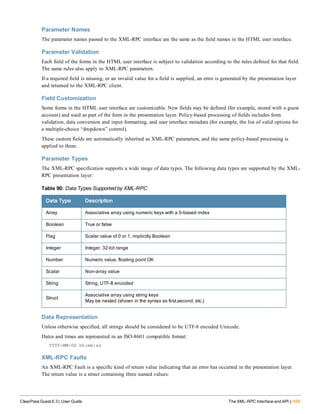 Parameter Names
The parameter names passed to the XML-RPC interface are the same as the field names in the HTML user interface.
Parameter Validation
Each field of the forms in the HTML user interface is subject to validation according to the rules defined for that field.
The same rules also apply to XML-RPC parameters.
If a required field is missing, or an invalid value for a field is supplied, an error is generated by the presentation layer
and returned to the XML-RPC client.
Field Customization
Some forms in the HTML user interface are customizable. New fields may be defined (for example, stored with a guest
account) and used as part of the form in the presentation layer. Policy-based processing of fields includes form
validation, data conversion and input formatting, and user interface metadata (for example, the list of valid options for
a multiple-choice “dropdown” control).
These custom fields are automatically inherited as XML-RPC parameters, and the same policy-based processing is
applied to them.
Parameter Types
The XML-RPC specification supports a wide range of data types. The following data types are supported by the XML-
RPC presentation layer:
Data Type Description
Array Associative array using numeric keys with a 0-based index
Boolean True or false
Flag Scalar value of 0 or 1, implicitly Boolean
Integer Integer, 32-bit range
Number Numeric value, floating point OK
Scalar Non-array value
String String, UTF-8 encoded
Struct
Associative array using string keys
May be nested (shown in the syntax as first.second, etc.)
Table 90: Data Types Supported by XML-RPC
Data Representation
Unless otherwise specified, all strings should be considered to be UTF-8 encoded Unicode.
Dates and times are represented in an ISO-8601 compatible format:
YYYY-MM-DD hh:mm:ss
XML-RPC Faults
An XML-RPC Fault is a specific kind of return value indicating that an error has occurred in the presentation layer.
The return value is a struct containing three named values:
ClearPass Guest 6.3 | User Guide The XML-RPC Interface and API | 459
 
