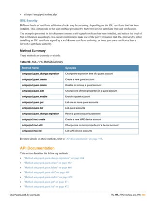 l at https://amigopod/xmlrpc.php
SSL Security
Different levels of certificate validation checks may be necessary, depending on the SSL certificate that has been
installed. This corresponds to the user interface provided by Web browsers for certificate trust and verification.
The examples presented in this document assume a self-signed certificate has been installed, and reduce the level of
SSL verification accordingly. In a secure environment, make use of the peer verification that SSL provides by either
installing an SSL certificate signed by a well-known certificate authority, or issue your own certificates from a
network’s certificate authority.
Method Summary
These methods are currently available:
Method Name Synopsis
amigopod.guest.change.expiration Change the expiration time of a guest account
amigopod.guest.create Create a new guest account
amigopod.guest.delete Disable or remove a guest account
amigopod.guest.edit Change one of more properties of a guest account
amigopod.guest.enable Enable a guest account
amigopod.guest.get List one or more guest accounts
amigopod.guest.list List guest accounts
amigopod.guest.change.expiration Reset a guest account's password
amigopod.mac.create Create a new MAC device account
amigopod.mac.edit Change one or more properties of a device account
amigopod.mac.list List MAC device accounts
Table 93: XML-RPC Method Summary
For more details on these methods, refer to "API Documentation" on page 463.
API Documentation
This section describes the following methods:
l "Method amigopod.guest.change.expiration" on page 464
l "Method amigopod.guest.create" on page 465
l "Method amigopod.guest.delete" on page 466
l "Method amigopod.guest.edit" on page 468
l "Method amigopod.guest.enable" on page 470
l "Method amigopod.guest.get" on page 471
l "Method amigopod.guest.list" on page 472
ClearPass Guest 6.3 | User Guide The XML-RPC Interface and API | 463
 