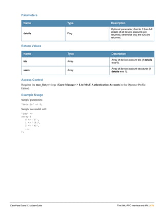 Parameters
Name Type Description
details Flag
Optional parameter; if set to 1 then full
details of all device accounts are
returned, otherwise only the IDs are
returned.
Return Values
Name Type Description
ids Array
Array of device account IDs (if details
was 0).
users Array
Array of device account structures (if
details was 1).
Access Control
Requires the mac_list privilege (Guest Manager > List MAC Authentication Accounts in the Operator Profile
Editor).
Example Usage
Sample parameters:
'details' => 0,
Sample successful call:
'ids' =>
array (
0 => '37',
1 => '141',
2 => '40',
...
),
ClearPass Guest 6.3 | User Guide The XML-RPC Interface and API | 479
 