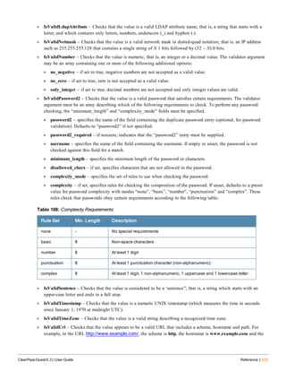 l IsValidLdapAttribute – Checks that the value is a valid LDAP attribute name; that is, a string that starts with a
letter, and which contains only letters, numbers, underscore (_) and hyphen (-).
l IsValidNetmask – Checks that the value is a valid network mask in dotted-quad notation; that is, an IP address
such as 255.255.255.128 that contains a single string of N 1 bits followed by (32 – N) 0 bits.
l IsValidNumber – Checks that the value is numeric; that is, an integer or a decimal value. The validator argument
may be an array containing one or more of the following additional options:
n no_negative – if set to true, negative numbers are not accepted as a valid value.
n no_zero – if set to true, zero is not accepted as a valid value.
n only_integer – if set to true, decimal numbers are not accepted and only integer values are valid.
l IsValidPassword2 – Checks that the value is a valid password that satisfies certain requirements. The validator
argument must be an array describing which of the following requirements to check. To perform any password
checking, the “minimum_length” and “complexity_mode” fields must be specified.
n password2 – specifies the name of the field containing the duplicate password entry (optional, for password
validation). Defaults to “password2” if not specified.
n password2_required – if nonzero, indicates that the “password2” entry must be supplied.
n username – specifies the name of the field containing the username. If empty or unset, the password is not
checked against this field for a match.
n minimum_length – specifies the minimum length of the password in characters.
n disallowed_chars – if set, specifies characters that are not allowed in the password.
n complexity_mode – specifies the set of rules to use when checking the password.
n complexity – if set, specifies rules for checking the composition of the password. If unset, defaults to a preset
value for password complexity with modes “none”, “basic”, “number”, “punctuation” and “complex”. These
rules check that passwords obey certain requirements according to the following table:
Rule Set Min. Length Description
none – No special requirements
basic 8 Non-space characters
number 8 At least 1 digit
punctuation 8 At least 1 punctuation character (non-alphanumeric)
complex 8 At least 1 digit, 1 non-alphanumeric, 1 uppercase and 1 lowercase letter
Table 108: Complexity Requirements
l IsValidSentence – Checks that the value is considered to be a ‘sentence”; that is, a string which starts with an
upper-case letter and ends in a full stop.
l IsValidTimestamp – Checks that the value is a numeric UNIX timestamp (which measures the time in seconds
since January 1, 1970 at midnight UTC).
l IsValidTimeZone – Checks that the value is a valid string describing a recognized time zone.
l IsValidUrl – Checks that the value appears to be a valid URL that includes a scheme, hostname and path. For
example, in the URL http://www.example.com/, the scheme is http, the hostname is www.example.com and the
ClearPass Guest 6.3 | User Guide Reference | 523
 