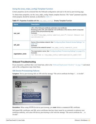 Using the {nwa_mdps_config} Template Function
Certain properties can be extracted from the Onboard configuration and used in the device provisioning page.
To obtain these properties, use the {nwa_mdps_config} Smarty template function. The “name” parameter specifies
which property should be returned, as described in Table 17.
Name Description
root_cert
URL of the Onboard certificate authority’s root certificate.
Browsing to this URL will install the root certificate on the device, which is required
as part of the pre-provisioning step.
Example:
<a href="{nwa_mdps_config name=root_cert}"> Install Onboard root
certificate</a>
wifi_ssid
Name of the wireless network. See "Configuring Basic Network Access Settings " on
page 164.
Example:
Connect to the network named {nwa_mdps_config name=wifi_ssid}
organization_name
The organization name. See "Configuring Basic Provisioning Settings" on page 213.
Example:
<h2> Welcome to {nwa_mdps_config name=organization_name}</h2>
Table 17: Properties Available with the (nwa_mdps_config) Smarty Template Function
Onboard Troubleshooting
If you encounter a problem that is not listed here, refer to the "Onboard Deployment Checklist " on page 76 and check
each of the configuration steps listed there.
iOS Device Provisioning Failures
Symptom: Device provisioning fails on iOS with the message “The server certificate for https://… is invalid”.
Resolution: When using HTTPS for device provisioning, you must obtain a commercial SSL certificate.
Self-signed SSL certificates, and SSL server certificates that have been issued by an untrusted or unknown root
certificate authority, will cause iOS device provisioning to fail with the message “The server certificate for … is
invalid”.
ClearPass Guest 6.3 | User Guide Onboard + WorkSpace | 89
 