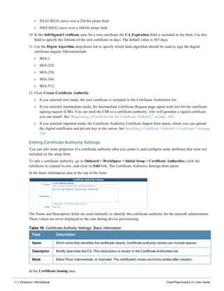 96 | Onboard + WorkSpace ClearPass Guest 6.3 | User Guide
l X9.62/SECG curve over a 256-bit prime field
l NIST/SECG curve over a 384-bit prime field
10. In the Self-Signed Certificate area, for a root certificate the CA Expiration field is included in the form. Use this
field to specify the lifetime of the root certificate in days. The default value is 365 days.
11. Use the Digest Algorithm drop-down list to specify which hash algorithm should be used to sign the digital
certificate request. Optionsinclude:
l SHA-1
l SHA-224
l SHA-256
l SHA-384
l SHA-512
12. Click Create Certificate Authority.
l If you selected root mode, the root certificate is included in the Certificate Authorities list.
l If you selected intermediate mode, the Intermediate Certificate Request page opens with text for the certificate
signing request (CSR). You can send the CSR to a certificate authority, who will generate a signed certificate
you can install. See "Requesting a Certificate for the Certificate Authority" on page 100.
l If you selected imported mode, the Certificate Authority Certificate Import form opens, where you can upload
the digital certificates and private key to the server. See"Installing a Certificate Authority’s Certificate " on page
100.
Editing Certificate Authority Settings
You can edit some properties of a certificate authority after you create it, and configure some attributes that were not
included on the setup form.
To edit a certificate authority, go to Onboard + WorkSpace > Initial Setup > Certificate Authorities, click the
certificate to expand its row, and click its Edit link. The Certificate Authority Settings form opens.
In the basic information area at the top of the form:
The Name and Description fields are used internally to identify this certificate authority for the network administrator.
These values are never displayed to the user during device provisioning.
Field Description
Name Short name that identifies the certificate clearly. Certificate authority names can include spaces.
Description Briefly describes the CA. This description is shown in the Certificate Authorities list.
Mode Either Root, Intermediate, or Imported. The certificate's mode cannot be edited after creation.
Table 19: Certificate Authority Settings, Basic Information
In the Certificate Issuing area:
 