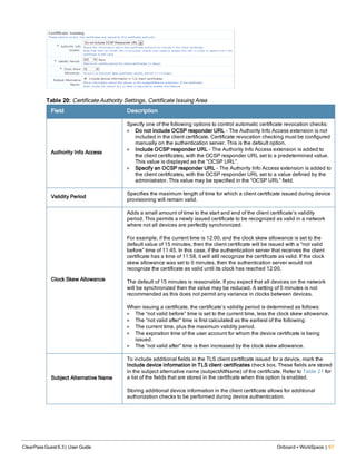 Field Description
Authority Info Access
Specify one of the following options to control automatic certificate revocation checks:
l Do not include OCSP responder URL – The Authority Info Access extension is not
included in the client certificate. Certificate revocation checking must be configured
manually on the authentication server. This is the default option.
l Include OCSP responder URL – The Authority Info Access extension is added to
the client certificates, with the OCSP responder URL set to a predetermined value.
This value is displayed as the “OCSP URL”.
l Specify an OCSP responder URL – The Authority Info Access extension is added to
the client certificates, with the OCSP responder URL set to a value defined by the
administrator. This value may be specified in the “OCSP URL” field.
Validity Period
Specifies the maximum length of time for which a client certificate issued during device
provisioning will remain valid.
Clock Skew Allowance
Adds a small amount of time to the start and end of the client certificate’s validity
period. This permits a newly issued certificate to be recognized as valid in a network
where not all devices are perfectly synchronized.
For example, if the current time is 12:00, and the clock skew allowance is set to the
default value of 15 minutes, then the client certificate will be issued with a “not valid
before” time of 11:45. In this case, if the authentication server that receives the client
certificate has a time of 11:58, it will still recognize the certificate as valid. If the clock
skew allowance was set to 0 minutes, then the authentication server would not
recognize the certificate as valid until its clock has reached 12:00.
The default of 15 minutes is reasonable. If you expect that all devices on the network
will be synchronized then the value may be reduced. A setting of 0 minutes is not
recommended as this does not permit any variance in clocks between devices.
When issuing a certificate, the certificate’s validity period is determined as follows:
l The “not valid before” time is set to the current time, less the clock skew allowance.
l The “not valid after” time is first calculated as the earliest of the following:
l The current time, plus the maximum validity period.
l The expiration time of the user account for whom the device certificate is being
issued.
l The “not valid after” time is then increased by the clock skew allowance.
Subject Alternative Name
To include additional fields in the TLS client certificate issued for a device, mark the
Include device information in TLS client certificates check box. These fields are stored
in the subject alternative name (subjectAltName) of the certificate. Refer to Table 21 for
a list of the fields that are stored in the certificate when this option is enabled.
Storing additional device information in the client certificate allows for additional
authorization checks to be performed during device authentication.
Table 20: Certificate Authority Settings, Certificate Issuing Area
ClearPass Guest 6.3 | User Guide Onboard + WorkSpace | 97
 