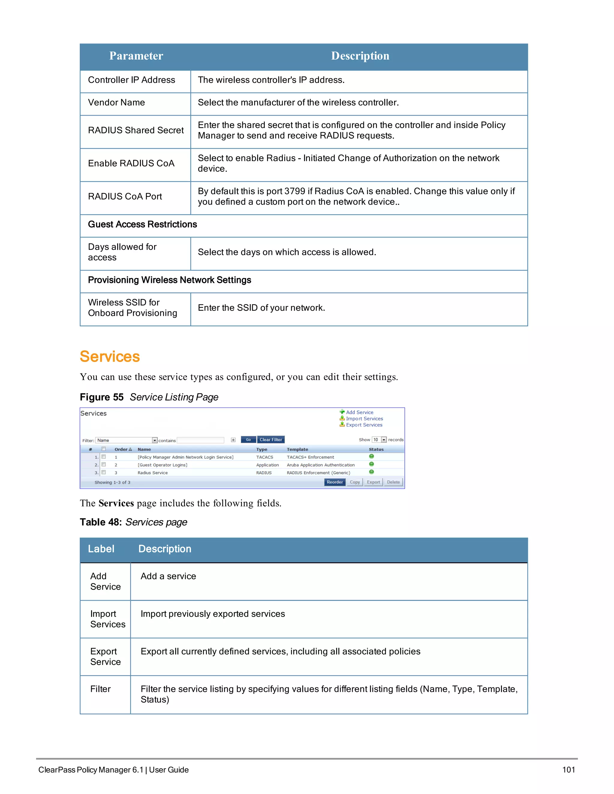 Parameter Description
Controller IP Address The wireless controller's IP address.
Vendor Name Select the manufacturer of the wireless controller.
RADIUS Shared Secret
Enter the shared secret that is configured on the controller and inside Policy
Manager to send and receive RADIUS requests.
Enable RADIUS CoA
Select to enable Radius - Initiated Change of Authorization on the network
device.
RADIUS CoA Port
By default this is port 3799 if Radius CoA is enabled. Change this value only if
you defined a custom port on the network device..
Guest Access Restrictions
Days allowed for
access
Select the days on which access is allowed.
Provisioning Wireless Network Settings
Wireless SSID for
Onboard Provisioning
Enter the SSID of your network.
Services
You can use these service types as configured, or you can edit their settings.
Figure 55 Service Listing Page
The Services page includes the following fields.
Table 48: Services page
Label Description
Add
Service
Add a service
Import
Services
Import previously exported services
Export
Service
Export all currently defined services, including all associated policies
Filter Filter the service listing by specifying values for different listing fields (Name, Type, Template,
Status)
ClearPass Policy Manager 6.1 | User Guide 101
 