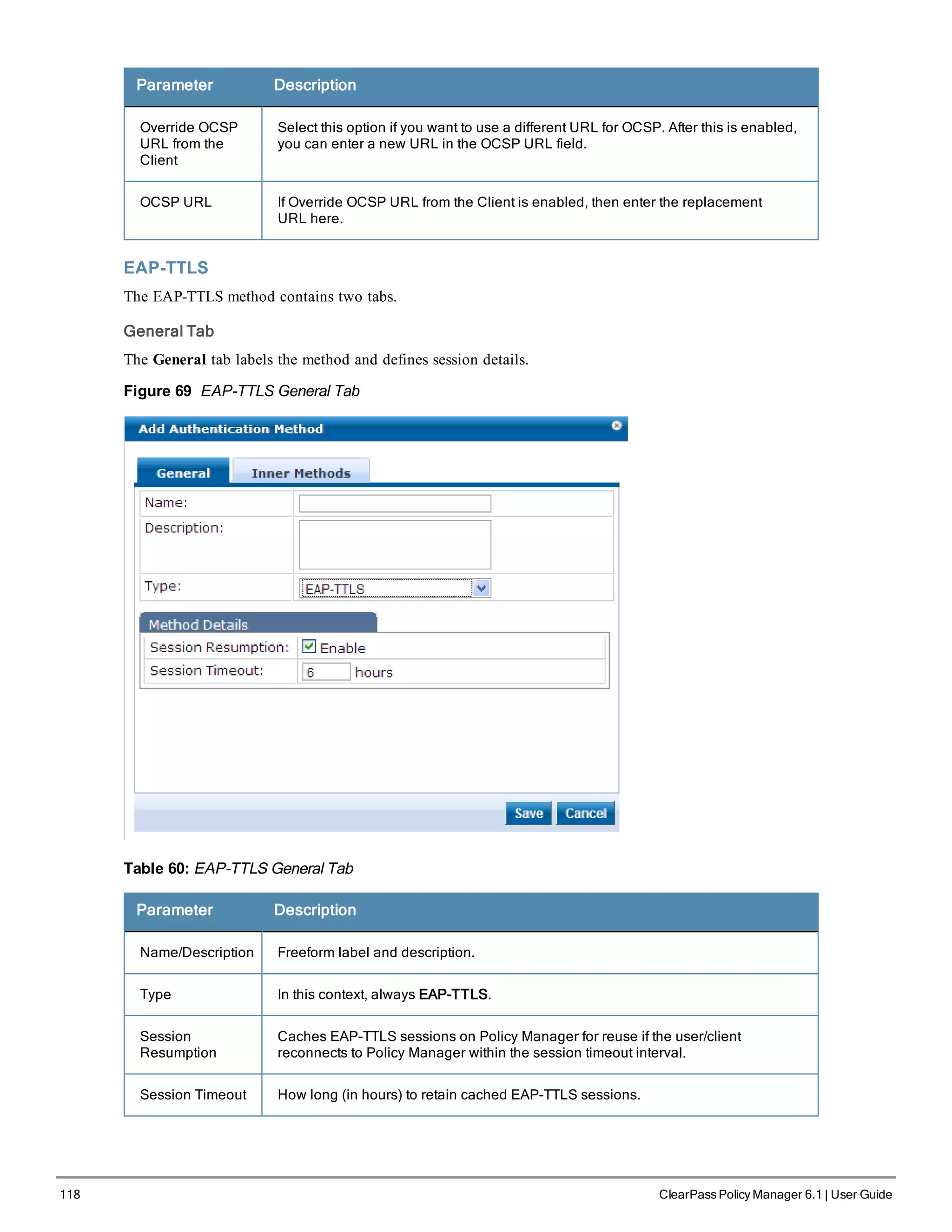 118 ClearPass Policy Manager 6.1 | User Guide
Parameter Description
Override OCSP
URL from the
Client
Select this option if you want to use a different URL for OCSP. After this is enabled,
you can enter a new URL in the OCSP URL field.
OCSP URL If Override OCSP URL from the Client is enabled, then enter the replacement
URL here.
EAP-TTLS
The EAP-TTLS method contains two tabs.
General Tab
The General tab labels the method and defines session details.
Figure 69 EAP-TTLS General Tab
Table 60: EAP-TTLS General Tab
Parameter Description
Name/Description Freeform label and description.
Type In this context, always EAP-TTLS.
Session
Resumption
Caches EAP-TTLS sessions on Policy Manager for reuse if the user/client
reconnects to Policy Manager within the session timeout interval.
Session Timeout How long (in hours) to retain cached EAP-TTLS sessions.
 