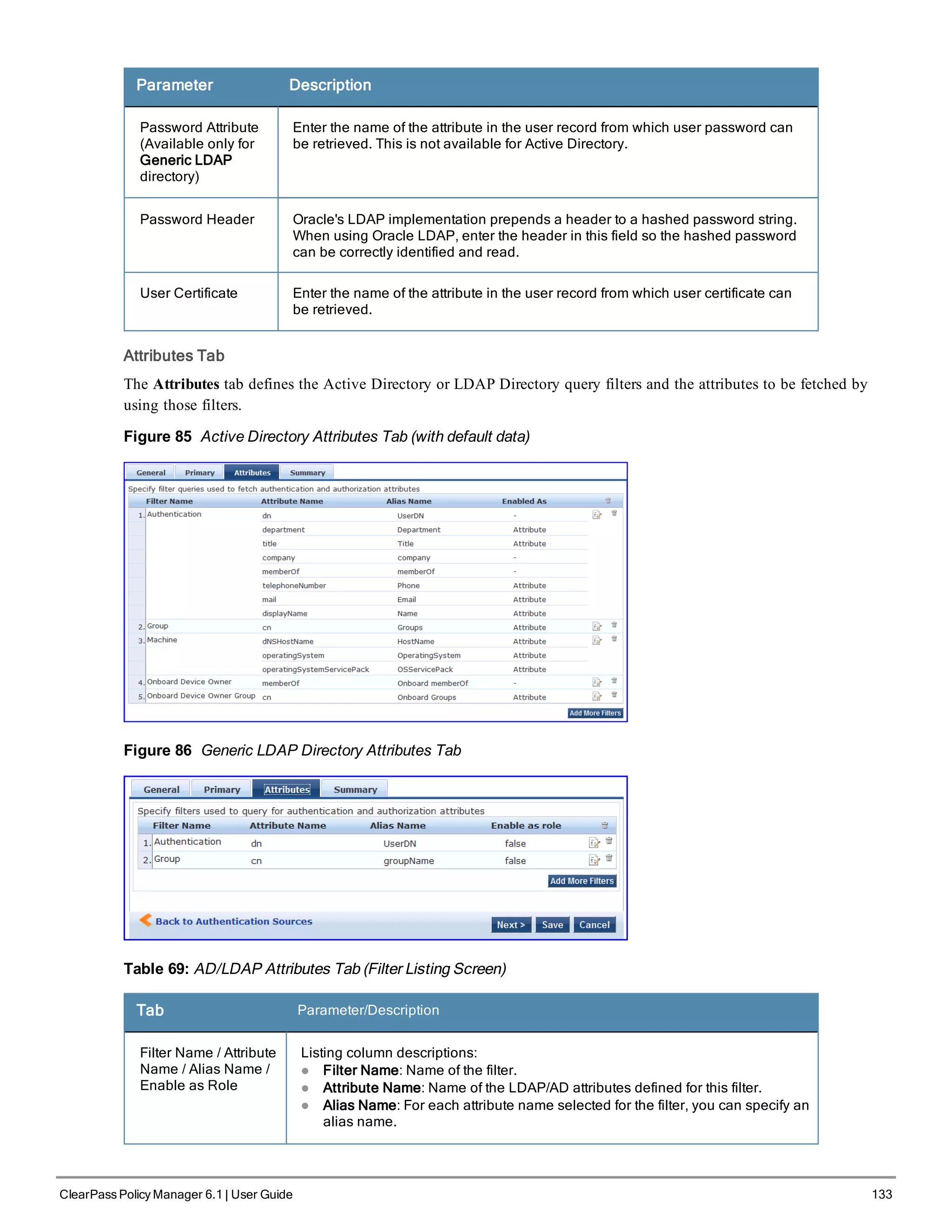 Parameter Description
Password Attribute
(Available only for
Generic LDAP
directory)
Enter the name of the attribute in the user record from which user password can
be retrieved. This is not available for Active Directory.
Password Header Oracle's LDAP implementation prepends a header to a hashed password string.
When using Oracle LDAP, enter the header in this field so the hashed password
can be correctly identified and read.
User Certificate Enter the name of the attribute in the user record from which user certificate can
be retrieved.
Attributes Tab
The Attributes tab defines the Active Directory or LDAP Directory query filters and the attributes to be fetched by
using those filters.
Figure 85 Active Directory Attributes Tab (with default data)
Figure 86 Generic LDAP Directory Attributes Tab
Table 69: AD/LDAP Attributes Tab (Filter Listing Screen)
Tab Parameter/Description
Filter Name / Attribute
Name / Alias Name /
Enable as Role
Listing column descriptions:
l Filter Name: Name of the filter.
l Attribute Name: Name of the LDAP/AD attributes defined for this filter.
l Alias Name: For each attribute name selected for the filter, you can specify an
alias name.
ClearPass Policy Manager 6.1 | User Guide 133
 