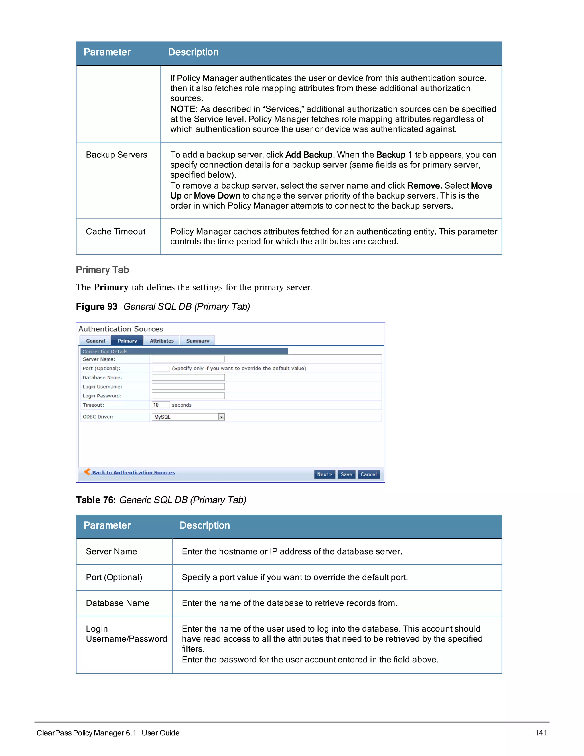 Parameter Description
If Policy Manager authenticates the user or device from this authentication source,
then it also fetches role mapping attributes from these additional authorization
sources.
NOTE: As described in “Services,” additional authorization sources can be specified
at the Service level. Policy Manager fetches role mapping attributes regardless of
which authentication source the user or device was authenticated against.
Backup Servers To add a backup server, click Add Backup. When the Backup 1 tab appears, you can
specify connection details for a backup server (same fields as for primary server,
specified below).
To remove a backup server, select the server name and click Remove. Select Move
Up or Move Down to change the server priority of the backup servers. This is the
order in which Policy Manager attempts to connect to the backup servers.
Cache Timeout Policy Manager caches attributes fetched for an authenticating entity. This parameter
controls the time period for which the attributes are cached.
Primary Tab
The Primary tab defines the settings for the primary server.
Figure 93 General SQL DB (Primary Tab)
Table 76: Generic SQL DB (Primary Tab)
Parameter Description
Server Name Enter the hostname or IP address of the database server.
Port (Optional) Specify a port value if you want to override the default port.
Database Name Enter the name of the database to retrieve records from.
Login
Username/Password
Enter the name of the user used to log into the database. This account should
have read access to all the attributes that need to be retrieved by the specified
filters.
Enter the password for the user account entered in the field above.
ClearPass Policy Manager 6.1 | User Guide 141
 