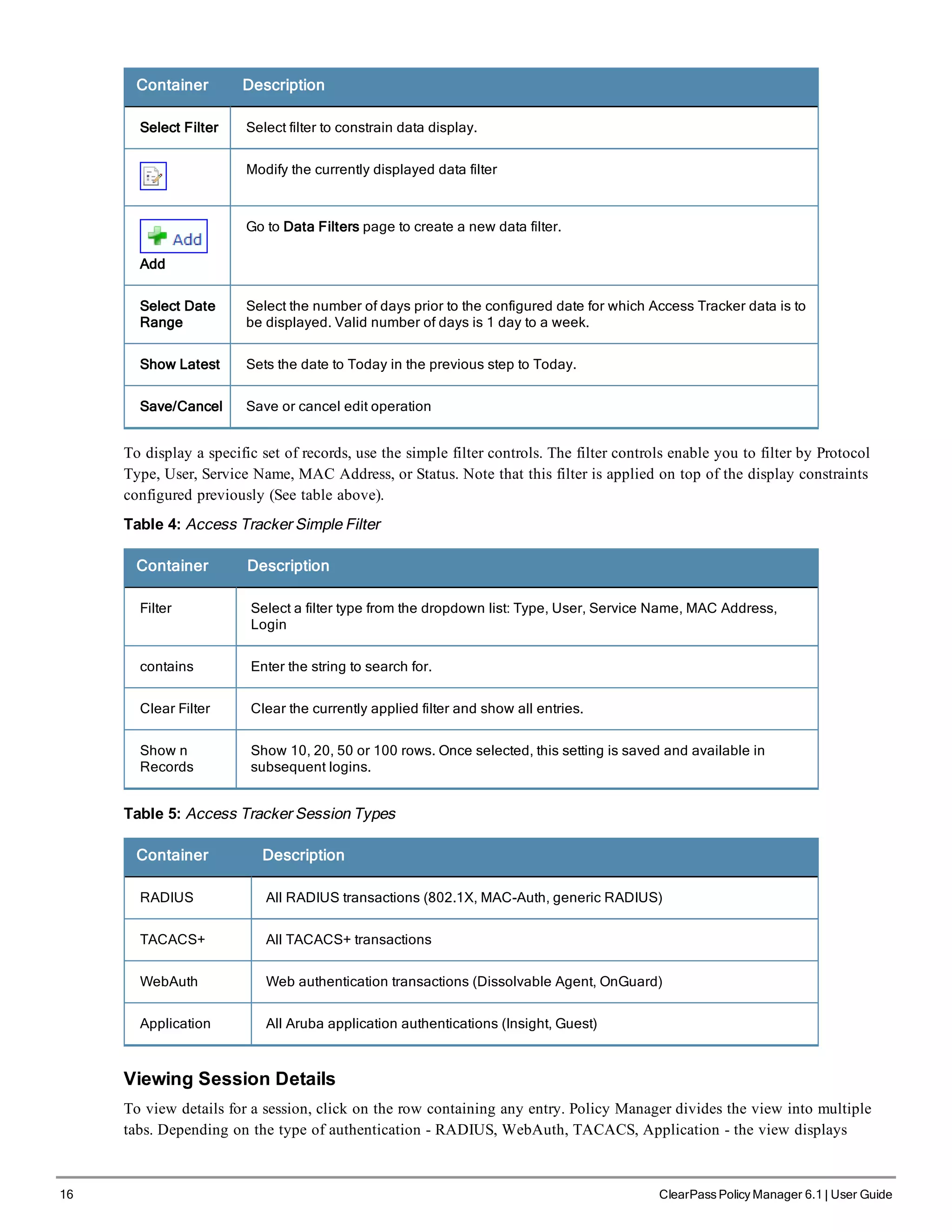 16 ClearPass Policy Manager 6.1 | User Guide
Container Description
Select Filter Select filter to constrain data display.
Modify the currently displayed data filter
Add
Go to Data Filters page to create a new data filter.
Select Date
Range
Select the number of days prior to the configured date for which Access Tracker data is to
be displayed. Valid number of days is 1 day to a week.
Show Latest Sets the date to Today in the previous step to Today.
Save/Cancel Save or cancel edit operation
To display a specific set of records, use the simple filter controls. The filter controls enable you to filter by Protocol
Type, User, Service Name, MAC Address, or Status. Note that this filter is applied on top of the display constraints
configured previously (See table above).
Table 4: Access Tracker Simple Filter
Container Description
Filter Select a filter type from the dropdown list: Type, User, Service Name, MAC Address,
Login
contains Enter the string to search for.
Clear Filter Clear the currently applied filter and show all entries.
Show n
Records
Show 10, 20, 50 or 100 rows. Once selected, this setting is saved and available in
subsequent logins.
Table 5: Access Tracker Session Types
Container Description
RADIUS All RADIUS transactions (802.1X, MAC-Auth, generic RADIUS)
TACACS+ All TACACS+ transactions
WebAuth Web authentication transactions (Dissolvable Agent, OnGuard)
Application All Aruba application authentications (Insight, Guest)
Viewing Session Details
To view details for a session, click on the row containing any entry. Policy Manager divides the view into multiple
tabs. Depending on the type of authentication - RADIUS, WebAuth, TACACS, Application - the view displays
 