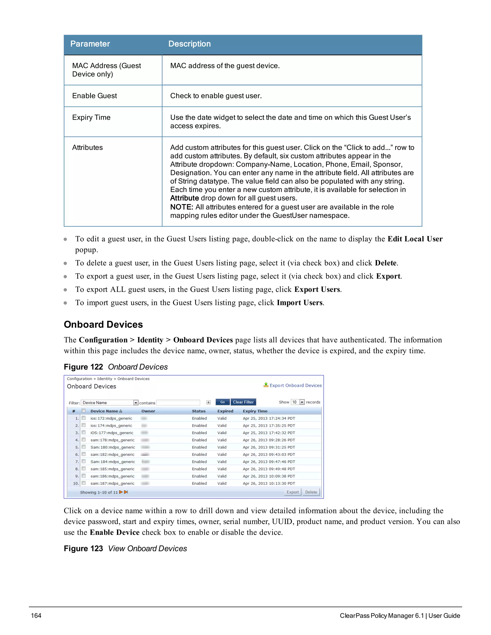 164 ClearPass Policy Manager 6.1 | User Guide
Parameter Description
MAC Address (Guest
Device only)
MAC address of the guest device.
Enable Guest Check to enable guest user.
Expiry Time Use the date widget to select the date and time on which this Guest User’s
access expires.
Attributes Add custom attributes for this guest user. Click on the “Click to add...” row to
add custom attributes. By default, six custom attributes appear in the
Attribute dropdown: Company-Name, Location, Phone, Email, Sponsor,
Designation. You can enter any name in the attribute field. All attributes are
of String datatype. The value field can also be populated with any string.
Each time you enter a new custom attribute, it is available for selection in
Attribute drop down for all guest users.
NOTE: All attributes entered for a guest user are available in the role
mapping rules editor under the GuestUser namespace.
l To edit a guest user, in the Guest Users listing page, double-click on the name to display the Edit Local User
popup.
l To delete a guest user, in the Guest Users listing page, select it (via check box) and click Delete.
l To export a guest user, in the Guest Users listing page, select it (via check box) and click Export.
l To export ALL guest users, in the Guest Users listing page, click Export Users.
l To import guest users, in the Guest Users listing page, click Import Users.
Onboard Devices
The Configuration > Identity > Onboard Devices page lists all devices that have authenticated. The information
within this page includes the device name, owner, status, whether the device is expired, and the expiry time.
Figure 122 Onboard Devices
Click on a device name within a row to drill down and view detailed information about the device, including the
device password, start and expiry times, owner, serial number, UUID, product name, and product version. You can also
use the Enable Device check box to enable or disable the device.
Figure 123 View Onboard Devices
 