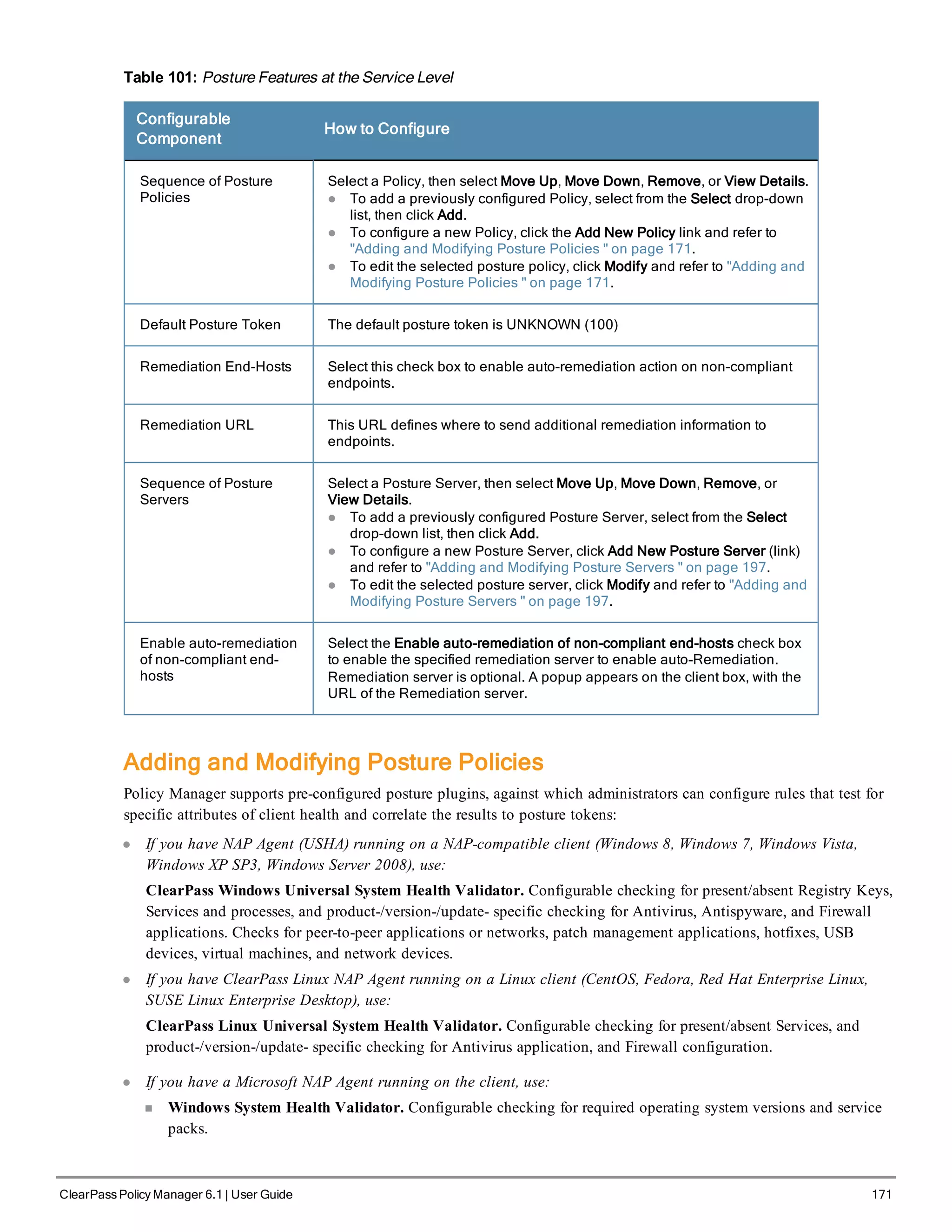 Table 101: Posture Features at the Service Level
Configurable
Component
How to Configure
Sequence of Posture
Policies
Select a Policy, then select Move Up, Move Down, Remove, or View Details.
l To add a previously configured Policy, select from the Select drop-down
list, then click Add.
l To configure a new Policy, click the Add New Policy link and refer to
"Adding and Modifying Posture Policies " on page 171.
l To edit the selected posture policy, click Modify and refer to "Adding and
Modifying Posture Policies " on page 171.
Default Posture Token The default posture token is UNKNOWN (100)
Remediation End-Hosts Select this check box to enable auto-remediation action on non-compliant
endpoints.
Remediation URL This URL defines where to send additional remediation information to
endpoints.
Sequence of Posture
Servers
Select a Posture Server, then select Move Up, Move Down, Remove, or
View Details.
l To add a previously configured Posture Server, select from the Select
drop-down list, then click Add.
l To configure a new Posture Server, click Add New Posture Server (link)
and refer to "Adding and Modifying Posture Servers " on page 197.
l To edit the selected posture server, click Modify and refer to "Adding and
Modifying Posture Servers " on page 197.
Enable auto-remediation
of non-compliant end-
hosts
Select the Enable auto-remediation of non-compliant end-hosts check box
to enable the specified remediation server to enable auto-Remediation.
Remediation server is optional. A popup appears on the client box, with the
URL of the Remediation server.
Adding and Modifying Posture Policies
Policy Manager supports pre-configured posture plugins, against which administrators can configure rules that test for
specific attributes of client health and correlate the results to posture tokens:
l If you have NAP Agent (USHA) running on a NAP-compatible client (Windows 8, Windows 7, Windows Vista,
Windows XP SP3, Windows Server 2008), use:
ClearPass Windows Universal System Health Validator. Configurable checking for present/absent Registry Keys,
Services and processes, and product-/version-/update- specific checking for Antivirus, Antispyware, and Firewall
applications. Checks for peer-to-peer applications or networks, patch management applications, hotfixes, USB
devices, virtual machines, and network devices.
l If you have ClearPass Linux NAP Agent running on a Linux client (CentOS, Fedora, Red Hat Enterprise Linux,
SUSE Linux Enterprise Desktop), use:
ClearPass Linux Universal System Health Validator. Configurable checking for present/absent Services, and
product-/version-/update- specific checking for Antivirus application, and Firewall configuration.
l If you have a Microsoft NAP Agent running on the client, use:
n Windows System Health Validator. Configurable checking for required operating system versions and service
packs.
ClearPass Policy Manager 6.1 | User Guide 171
 
