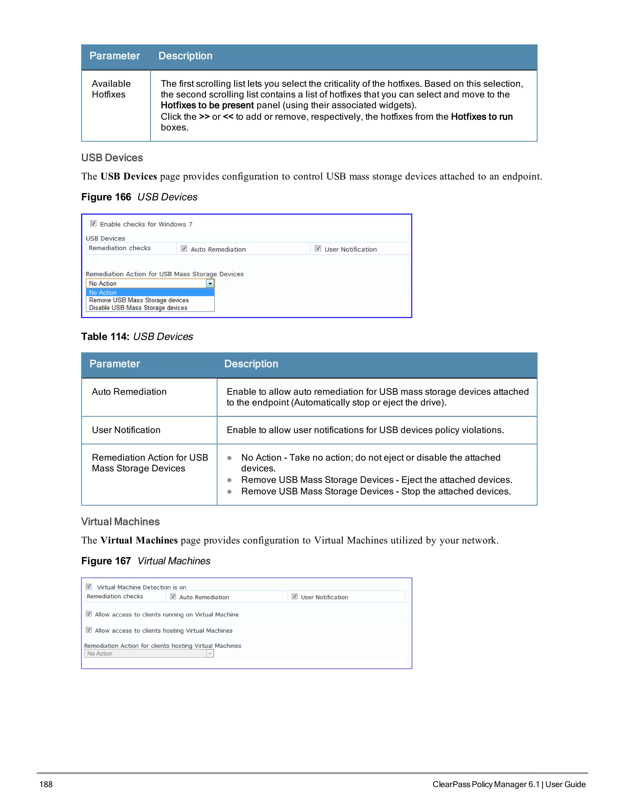 188 ClearPass Policy Manager 6.1 | User Guide
Parameter Description
Available
Hotfixes
The first scrolling list lets you select the criticality of the hotfixes. Based on this selection,
the second scrolling list contains a list of hotfixes that you can select and move to the
Hotfixes to be present panel (using their associated widgets).
Click the >> or << to add or remove, respectively, the hotfixes from the Hotfixes to run
boxes.
USB Devices
The USB Devices page provides configuration to control USB mass storage devices attached to an endpoint.
Figure 166 USB Devices
Table 114: USB Devices
Parameter Description
Auto Remediation Enable to allow auto remediation for USB mass storage devices attached
to the endpoint (Automatically stop or eject the drive).
User Notification Enable to allow user notifications for USB devices policy violations.
Remediation Action for USB
Mass Storage Devices
l No Action - Take no action; do not eject or disable the attached
devices.
l Remove USB Mass Storage Devices - Eject the attached devices.
l Remove USB Mass Storage Devices - Stop the attached devices.
Virtual Machines
The Virtual Machines page provides configuration to Virtual Machines utilized by your network.
Figure 167 Virtual Machines
 