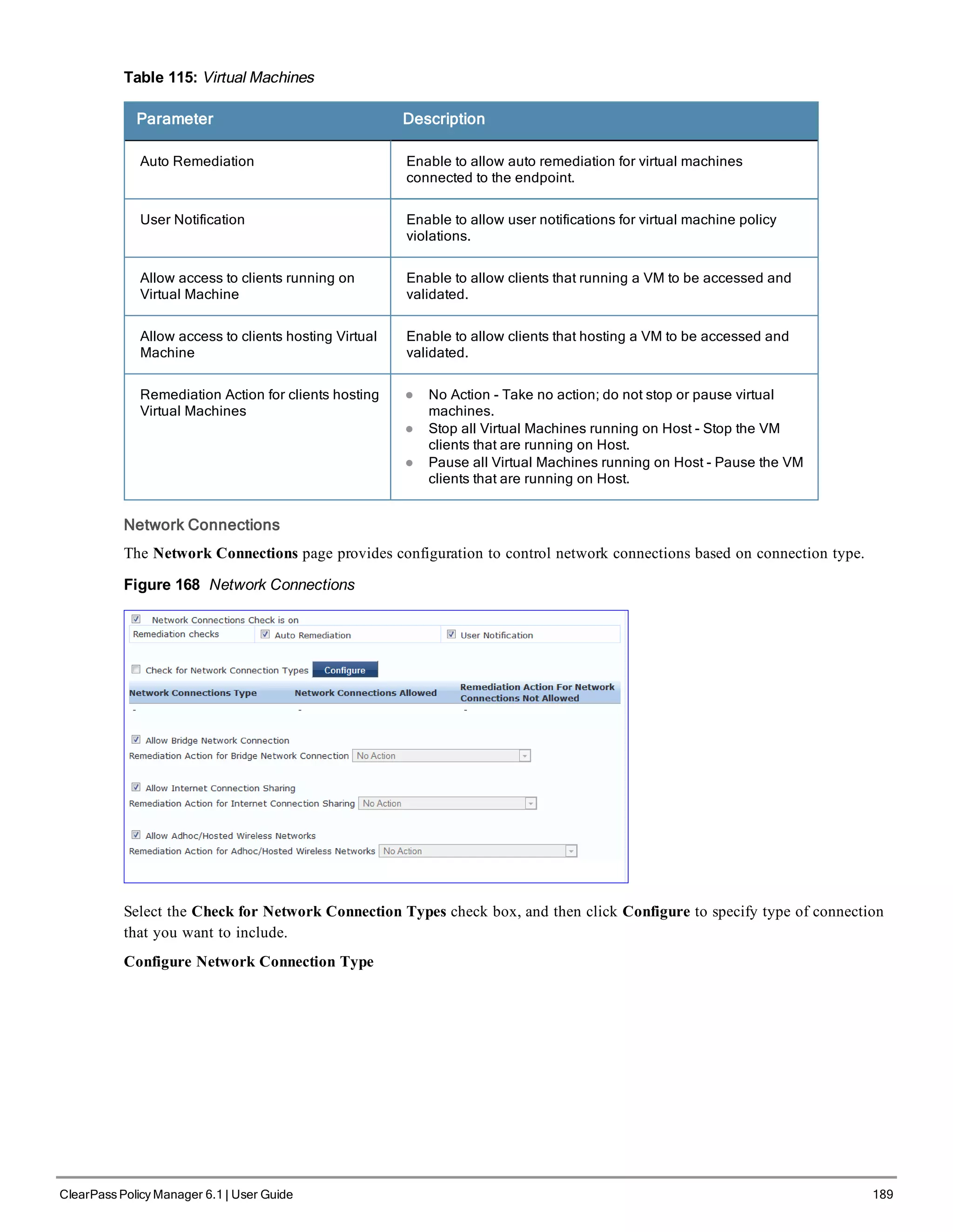 Table 115: Virtual Machines
Parameter Description
Auto Remediation Enable to allow auto remediation for virtual machines
connected to the endpoint.
User Notification Enable to allow user notifications for virtual machine policy
violations.
Allow access to clients running on
Virtual Machine
Enable to allow clients that running a VM to be accessed and
validated.
Allow access to clients hosting Virtual
Machine
Enable to allow clients that hosting a VM to be accessed and
validated.
Remediation Action for clients hosting
Virtual Machines
l No Action - Take no action; do not stop or pause virtual
machines.
l Stop all Virtual Machines running on Host - Stop the VM
clients that are running on Host.
l Pause all Virtual Machines running on Host - Pause the VM
clients that are running on Host.
Network Connections
The Network Connections page provides configuration to control network connections based on connection type.
Figure 168 Network Connections
Select the Check for Network Connection Types check box, and then click Configure to specify type of connection
that you want to include.
Configure Network Connection Type
ClearPass Policy Manager 6.1 | User Guide 189
 