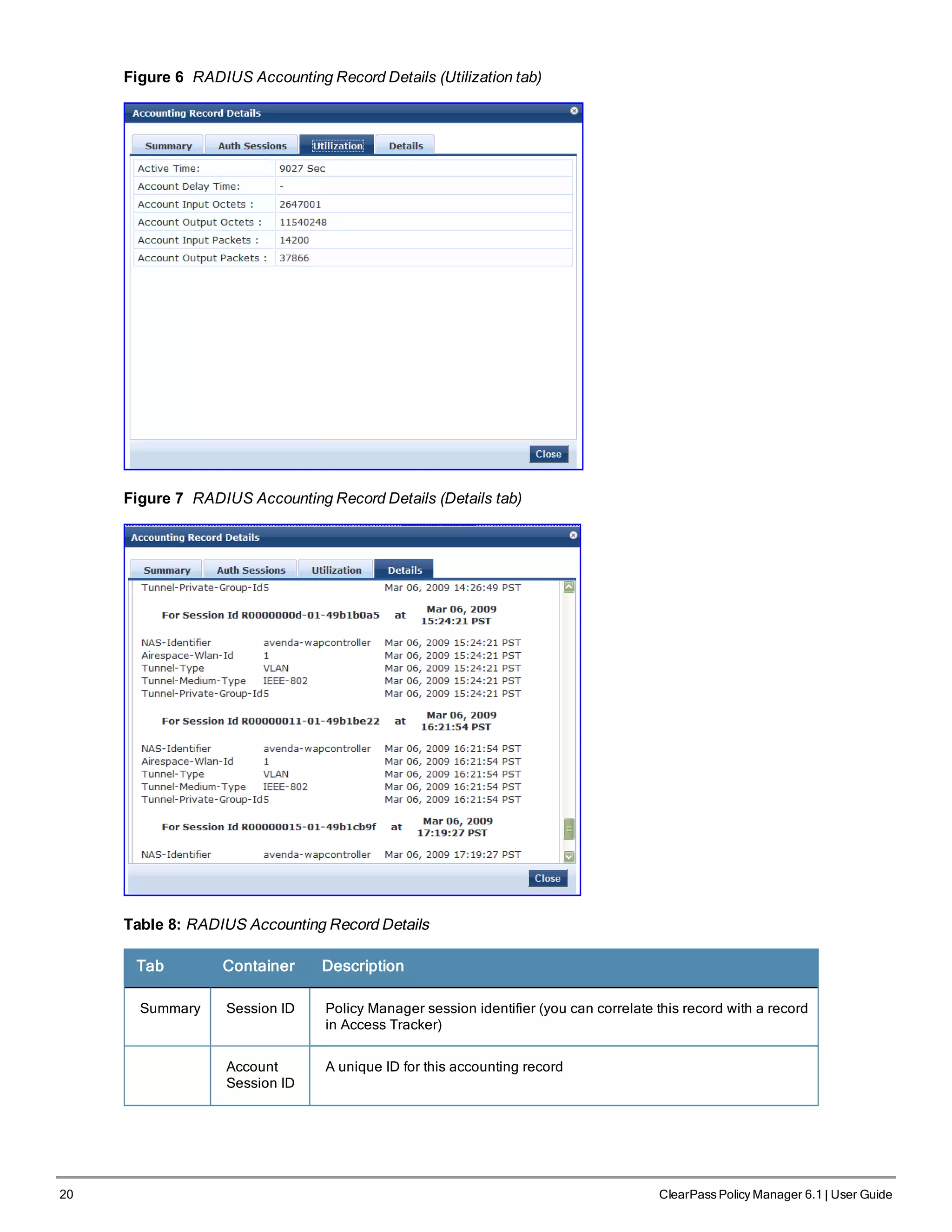 20 ClearPass Policy Manager 6.1 | User Guide
Figure 6 RADIUS Accounting Record Details (Utilization tab)
Figure 7 RADIUS Accounting Record Details (Details tab)
Table 8: RADIUS Accounting Record Details
Tab Container Description
Summary Session ID Policy Manager session identifier (you can correlate this record with a record
in Access Tracker)
Account
Session ID
A unique ID for this accounting record
 