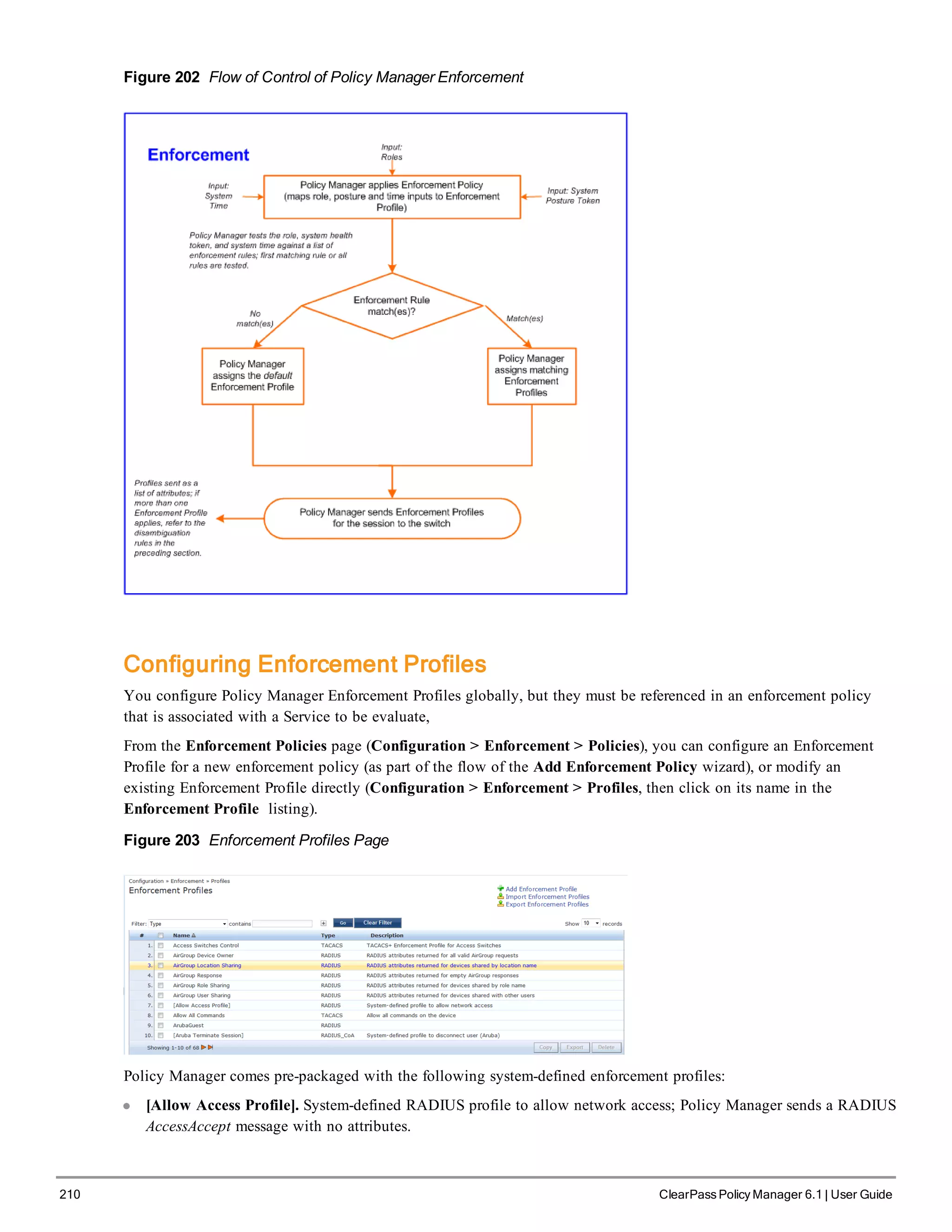 210 ClearPass Policy Manager 6.1 | User Guide
Figure 202 Flow of Control of Policy Manager Enforcement
Configuring Enforcement Profiles
You configure Policy Manager Enforcement Profiles globally, but they must be referenced in an enforcement policy
that is associated with a Service to be evaluate,
From the Enforcement Policies page (Configuration > Enforcement > Policies), you can configure an Enforcement
Profile for a new enforcement policy (as part of the flow of the Add Enforcement Policy wizard), or modify an
existing Enforcement Profile directly (Configuration > Enforcement > Profiles, then click on its name in the
Enforcement Profile listing).
Figure 203 Enforcement Profiles Page
Policy Manager comes pre-packaged with the following system-defined enforcement profiles:
l [Allow Access Profile]. System-defined RADIUS profile to allow network access; Policy Manager sends a RADIUS
AccessAccept message with no attributes.
 