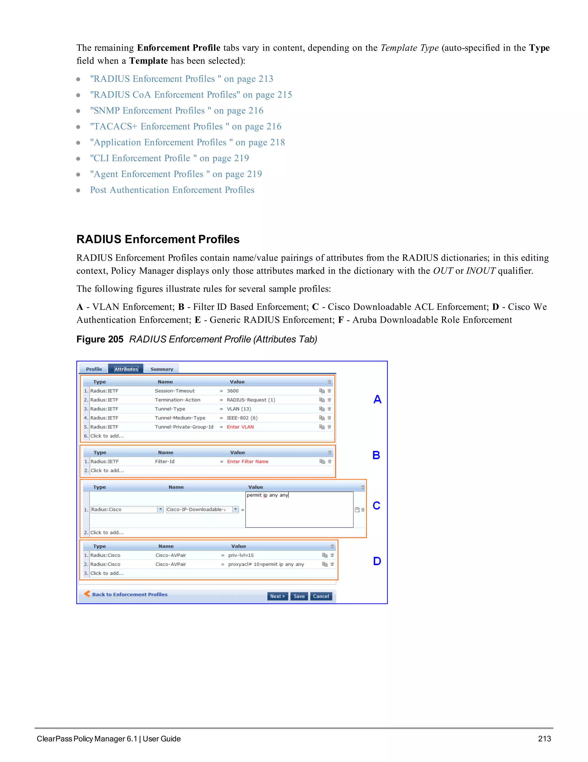 The remaining Enforcement Profile tabs vary in content, depending on the Template Type (auto-specified in the Type
field when a Template has been selected):
l "RADIUS Enforcement Profiles " on page 213
l "RADIUS CoA Enforcement Profiles" on page 215
l "SNMP Enforcement Profiles " on page 216
l "TACACS+ Enforcement Profiles " on page 216
l "Application Enforcement Profiles " on page 218
l "CLI Enforcement Profile " on page 219
l "Agent Enforcement Profiles " on page 219
l Post Authentication Enforcement Profiles
RADIUS Enforcement Profiles
RADIUS Enforcement Profiles contain name/value pairings of attributes from the RADIUS dictionaries; in this editing
context, Policy Manager displays only those attributes marked in the dictionary with the OUT or INOUT qualifier.
The following figures illustrate rules for several sample profiles:
A - VLAN Enforcement; B - Filter ID Based Enforcement; C - Cisco Downloadable ACL Enforcement; D - Cisco We
Authentication Enforcement; E - Generic RADIUS Enforcement; F - Aruba Downloadable Role Enforcement
Figure 205 RADIUS Enforcement Profile (Attributes Tab)
ClearPass Policy Manager 6.1 | User Guide 213
 