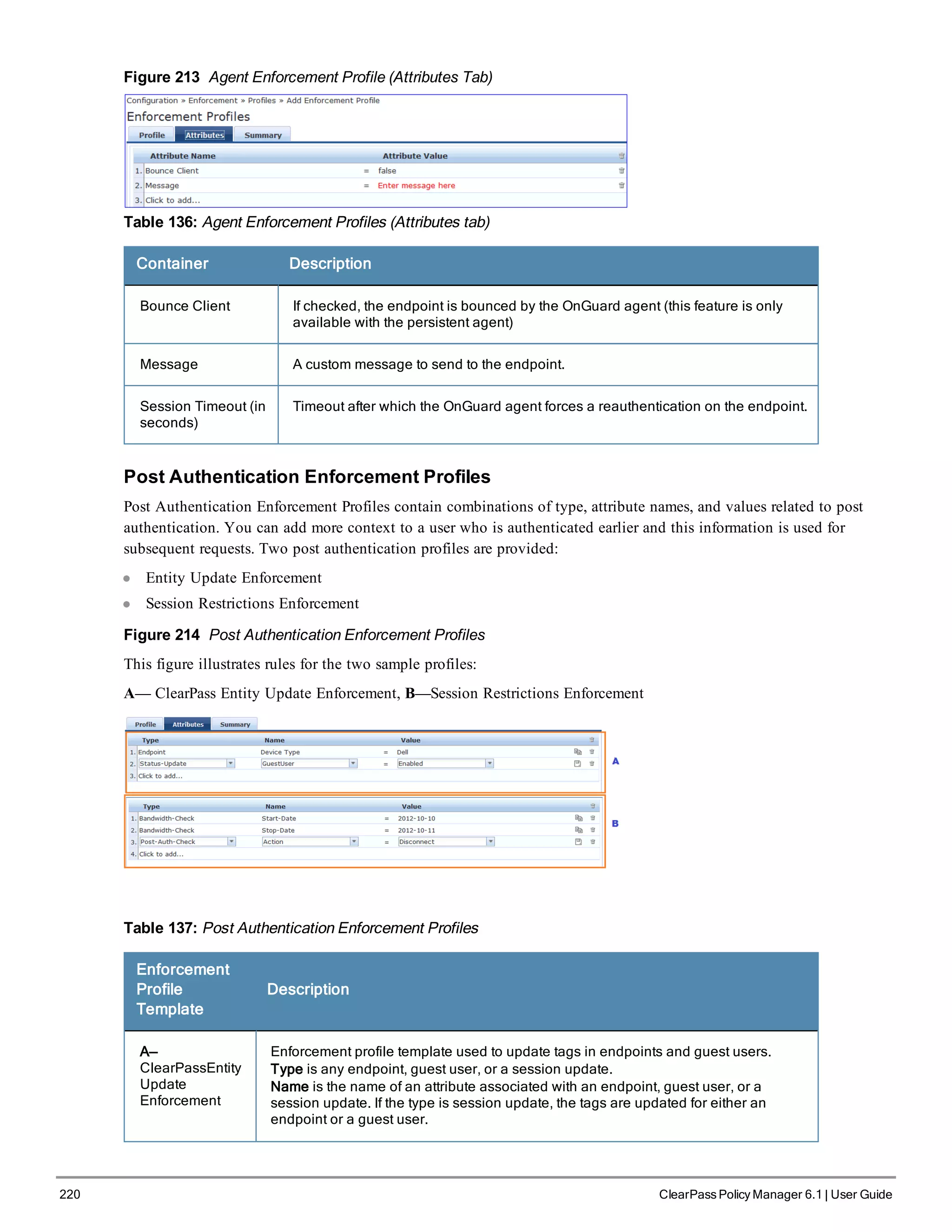 220 ClearPass Policy Manager 6.1 | User Guide
Figure 213 Agent Enforcement Profile (Attributes Tab)
Table 136: Agent Enforcement Profiles (Attributes tab)
Container Description
Bounce Client If checked, the endpoint is bounced by the OnGuard agent (this feature is only
available with the persistent agent)
Message A custom message to send to the endpoint.
Session Timeout (in
seconds)
Timeout after which the OnGuard agent forces a reauthentication on the endpoint.
Post Authentication Enforcement Profiles
Post Authentication Enforcement Profiles contain combinations of type, attribute names, and values related to post
authentication. You can add more context to a user who is authenticated earlier and this information is used for
subsequent requests. Two post authentication profiles are provided:
l Entity Update Enforcement
l Session Restrictions Enforcement
Figure 214 Post Authentication Enforcement Profiles
This figure illustrates rules for the two sample profiles:
A— ClearPass Entity Update Enforcement, B—Session Restrictions Enforcement
Table 137: Post Authentication Enforcement Profiles
Enforcement
Profile
Template
Description
A—
ClearPassEntity
Update
Enforcement
Enforcement profile template used to update tags in endpoints and guest users.
Type is any endpoint, guest user, or a session update.
Name is the name of an attribute associated with an endpoint, guest user, or a
session update. If the type is session update, the tags are updated for either an
endpoint or a guest user.
 