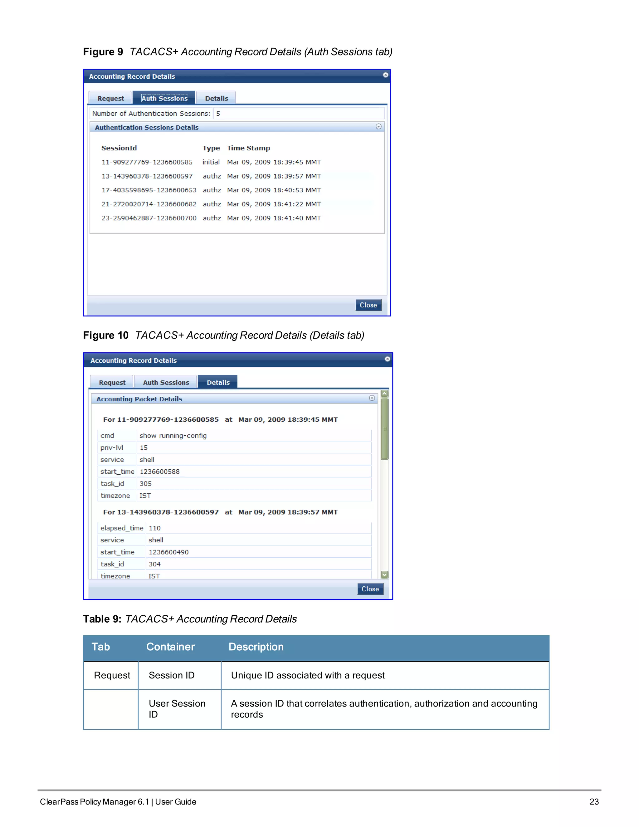 Figure 9 TACACS+ Accounting Record Details (Auth Sessions tab)
Figure 10 TACACS+ Accounting Record Details (Details tab)
Table 9: TACACS+ Accounting Record Details
Tab Container Description
Request Session ID Unique ID associated with a request
User Session
ID
A session ID that correlates authentication, authorization and accounting
records
ClearPass Policy Manager 6.1 | User Guide 23
 