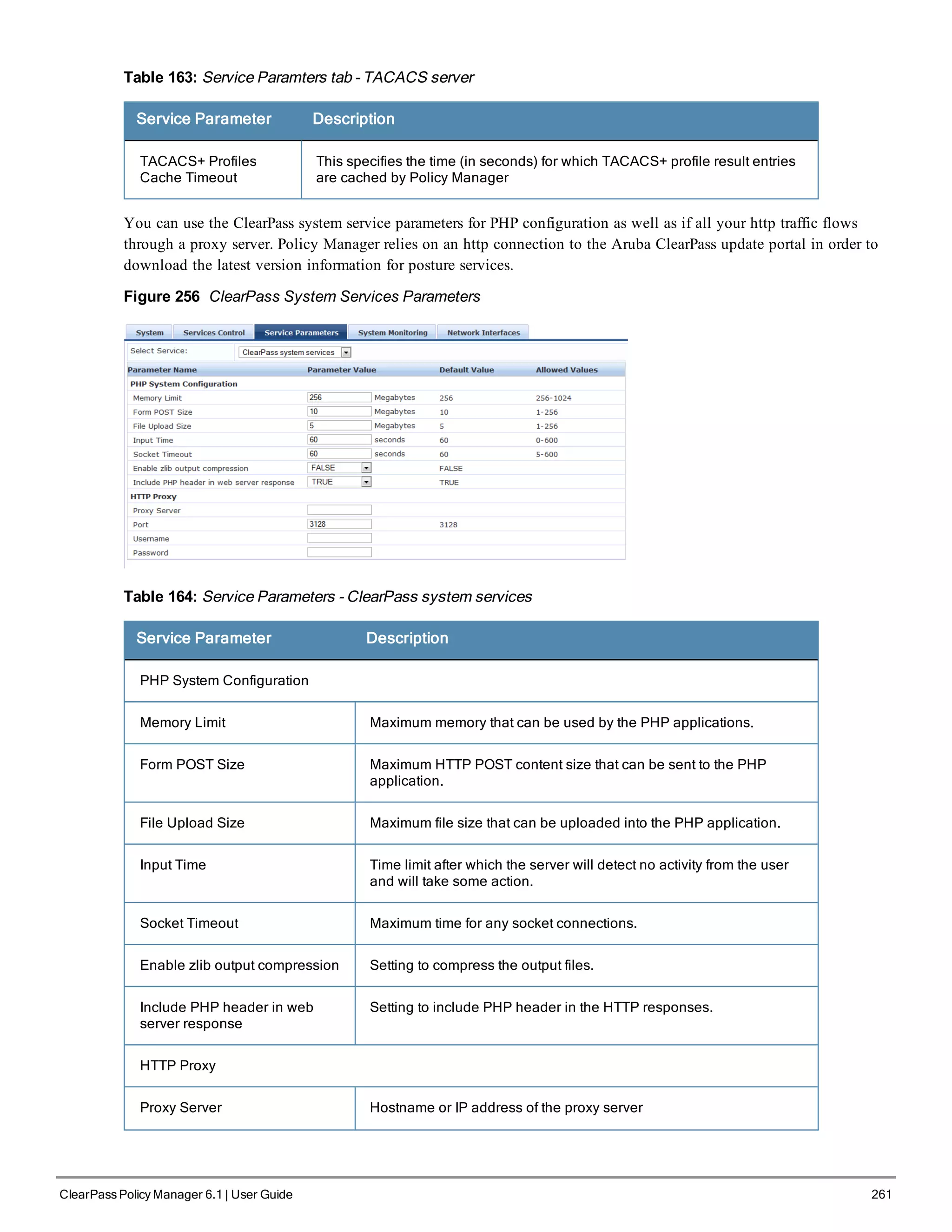 Table 163: Service Paramters tab - TACACS server
Service Parameter Description
TACACS+ Profiles
Cache Timeout
This specifies the time (in seconds) for which TACACS+ profile result entries
are cached by Policy Manager
You can use the ClearPass system service parameters for PHP configuration as well as if all your http traffic flows
through a proxy server. Policy Manager relies on an http connection to the Aruba ClearPass update portal in order to
download the latest version information for posture services.
Figure 256 ClearPass System Services Parameters
Table 164: Service Parameters - ClearPass system services
Service Parameter Description
PHP System Configuration
Memory Limit Maximum memory that can be used by the PHP applications.
Form POST Size Maximum HTTP POST content size that can be sent to the PHP
application.
File Upload Size Maximum file size that can be uploaded into the PHP application.
Input Time Time limit after which the server will detect no activity from the user
and will take some action.
Socket Timeout Maximum time for any socket connections.
Enable zlib output compression Setting to compress the output files.
Include PHP header in web
server response
Setting to include PHP header in the HTTP responses.
HTTP Proxy
Proxy Server Hostname or IP address of the proxy server
ClearPass Policy Manager 6.1 | User Guide 261
 