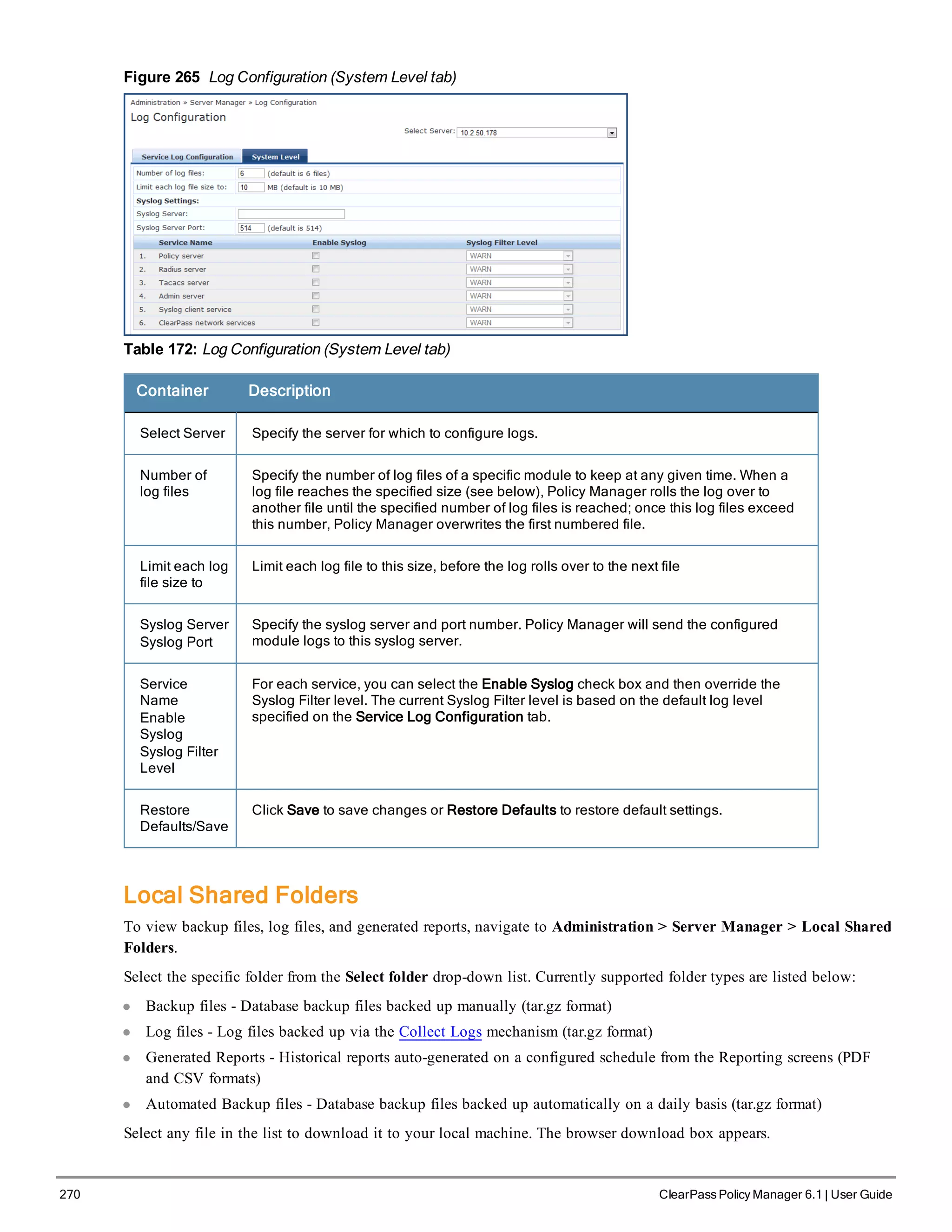 270 ClearPass Policy Manager 6.1 | User Guide
Figure 265 Log Configuration (System Level tab)
Table 172: Log Configuration (System Level tab)
Container Description
Select Server Specify the server for which to configure logs.
Number of
log files
Specify the number of log files of a specific module to keep at any given time. When a
log file reaches the specified size (see below), Policy Manager rolls the log over to
another file until the specified number of log files is reached; once this log files exceed
this number, Policy Manager overwrites the first numbered file.
Limit each log
file size to
Limit each log file to this size, before the log rolls over to the next file
Syslog Server
Syslog Port
Specify the syslog server and port number. Policy Manager will send the configured
module logs to this syslog server.
Service
Name
Enable
Syslog
Syslog Filter
Level
For each service, you can select the Enable Syslog check box and then override the
Syslog Filter level. The current Syslog Filter level is based on the default log level
specified on the Service Log Configuration tab.
Restore
Defaults/Save
Click Save to save changes or Restore Defaults to restore default settings.
Local Shared Folders
To view backup files, log files, and generated reports, navigate to Administration > Server Manager > Local Shared
Folders.
Select the specific folder from the Select folder drop-down list. Currently supported folder types are listed below:
l Backup files - Database backup files backed up manually (tar.gz format)
l Log files - Log files backed up via the Collect Logs mechanism (tar.gz format)
l Generated Reports - Historical reports auto-generated on a configured schedule from the Reporting screens (PDF
and CSV formats)
l Automated Backup files - Database backup files backed up automatically on a daily basis (tar.gz format)
Select any file in the list to download it to your local machine. The browser download box appears.
 