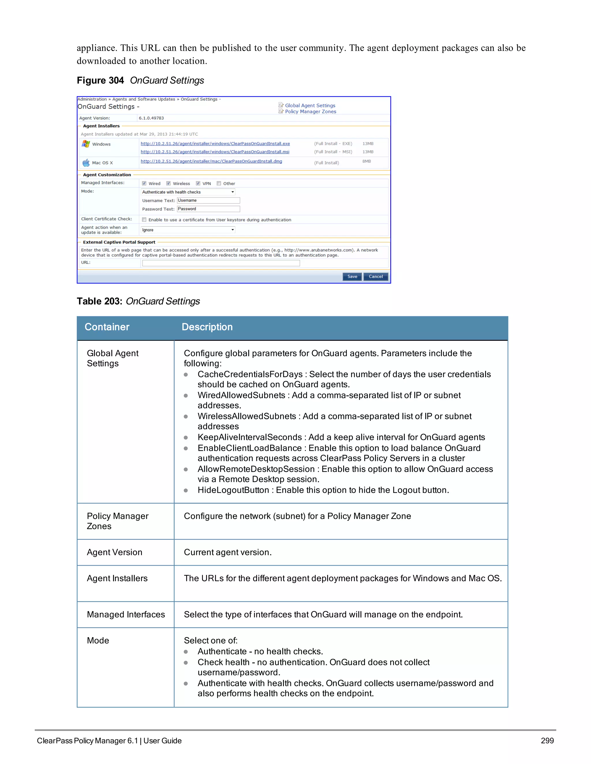 appliance. This URL can then be published to the user community. The agent deployment packages can also be
downloaded to another location.
Figure 304 OnGuard Settings
Table 203: OnGuard Settings
Container Description
Global Agent
Settings
Configure global parameters for OnGuard agents. Parameters include the
following:
l CacheCredentialsForDays : Select the number of days the user credentials
should be cached on OnGuard agents.
l WiredAllowedSubnets : Add a comma-separated list of IP or subnet
addresses.
l WirelessAllowedSubnets : Add a comma-separated list of IP or subnet
addresses
l KeepAliveIntervalSeconds : Add a keep alive interval for OnGuard agents
l EnableClientLoadBalance : Enable this option to load balance OnGuard
authentication requests across ClearPass Policy Servers in a cluster
l AllowRemoteDesktopSession : Enable this option to allow OnGuard access
via a Remote Desktop session.
l HideLogoutButton : Enable this option to hide the Logout button.
Policy Manager
Zones
Configure the network (subnet) for a Policy Manager Zone
Agent Version Current agent version.
Agent Installers The URLs for the different agent deployment packages for Windows and Mac OS.
Managed Interfaces Select the type of interfaces that OnGuard will manage on the endpoint.
Mode Select one of:
l Authenticate - no health checks.
l Check health - no authentication. OnGuard does not collect
username/password.
l Authenticate with health checks. OnGuard collects username/password and
also performs health checks on the endpoint.
ClearPass Policy Manager 6.1 | User Guide 299
 