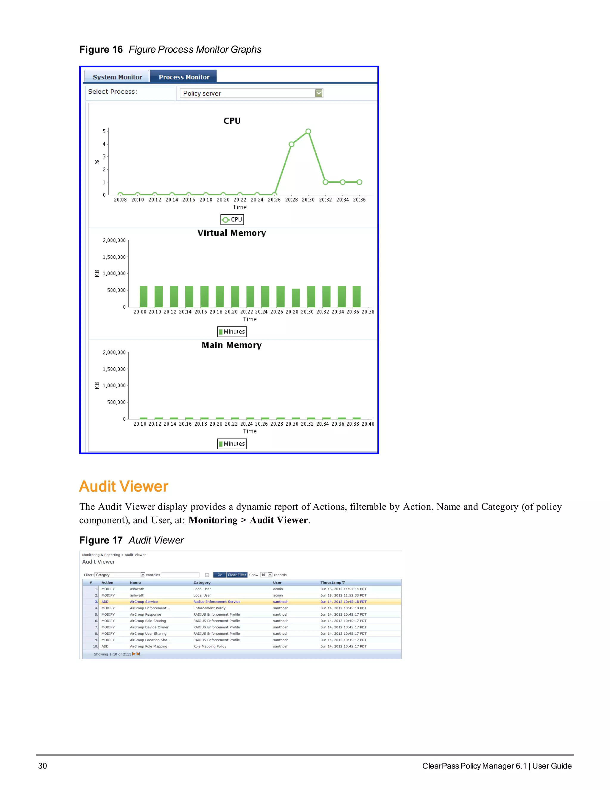 30 ClearPass Policy Manager 6.1 | User Guide
Figure 16 Figure Process Monitor Graphs
Audit Viewer
The Audit Viewer display provides a dynamic report of Actions, filterable by Action, Name and Category (of policy
component), and User, at: Monitoring > Audit Viewer.
Figure 17 Audit Viewer
 