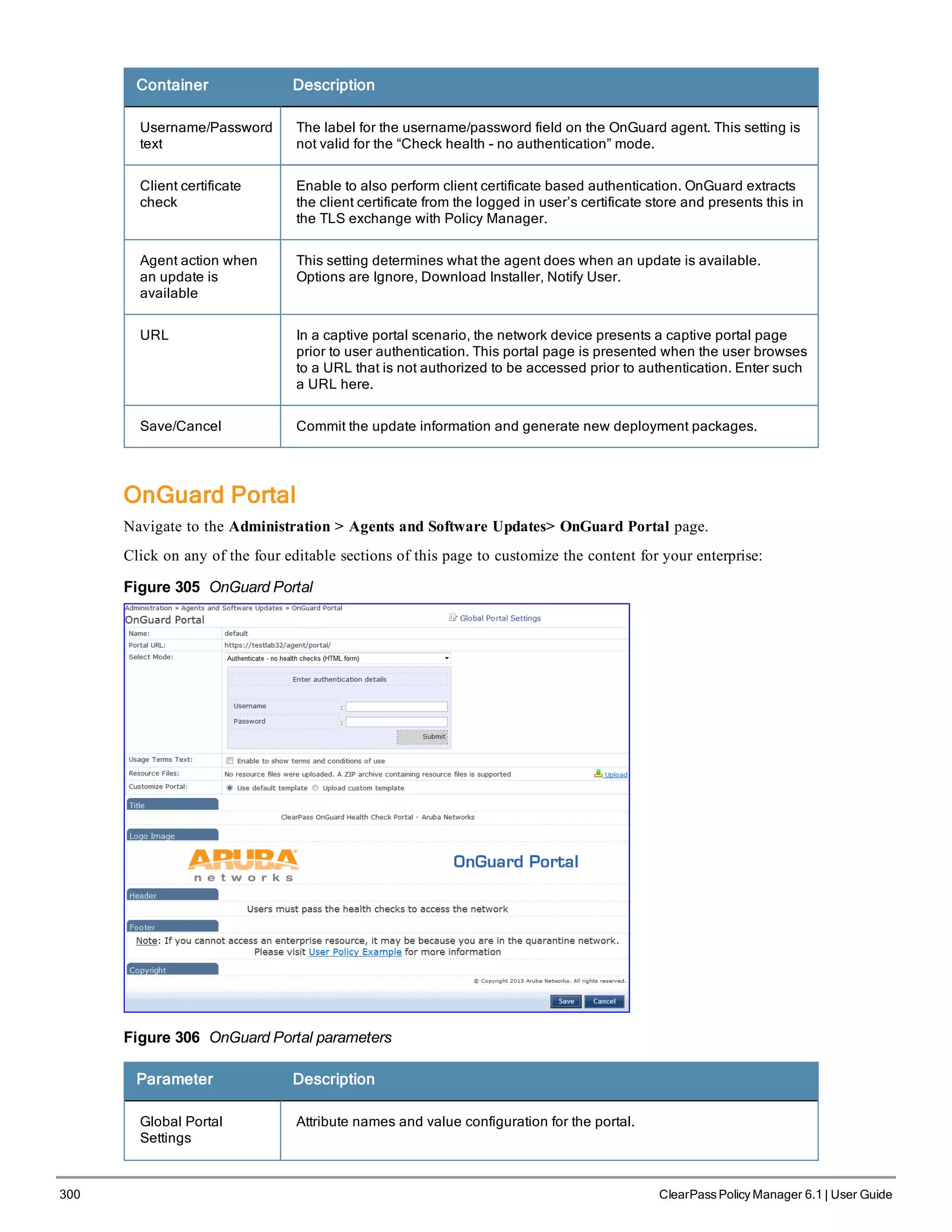 300 ClearPass Policy Manager 6.1 | User Guide
Container Description
Username/Password
text
The label for the username/password field on the OnGuard agent. This setting is
not valid for the “Check health - no authentication” mode.
Client certificate
check
Enable to also perform client certificate based authentication. OnGuard extracts
the client certificate from the logged in user’s certificate store and presents this in
the TLS exchange with Policy Manager.
Agent action when
an update is
available
This setting determines what the agent does when an update is available.
Options are Ignore, Download Installer, Notify User.
URL In a captive portal scenario, the network device presents a captive portal page
prior to user authentication. This portal page is presented when the user browses
to a URL that is not authorized to be accessed prior to authentication. Enter such
a URL here.
Save/Cancel Commit the update information and generate new deployment packages.
OnGuard Portal
Navigate to the Administration > Agents and Software Updates> OnGuard Portal page.
Click on any of the four editable sections of this page to customize the content for your enterprise:
Figure 305 OnGuard Portal
Figure 306 OnGuard Portal parameters
Parameter Description
Global Portal
Settings
Attribute names and value configuration for the portal.
 