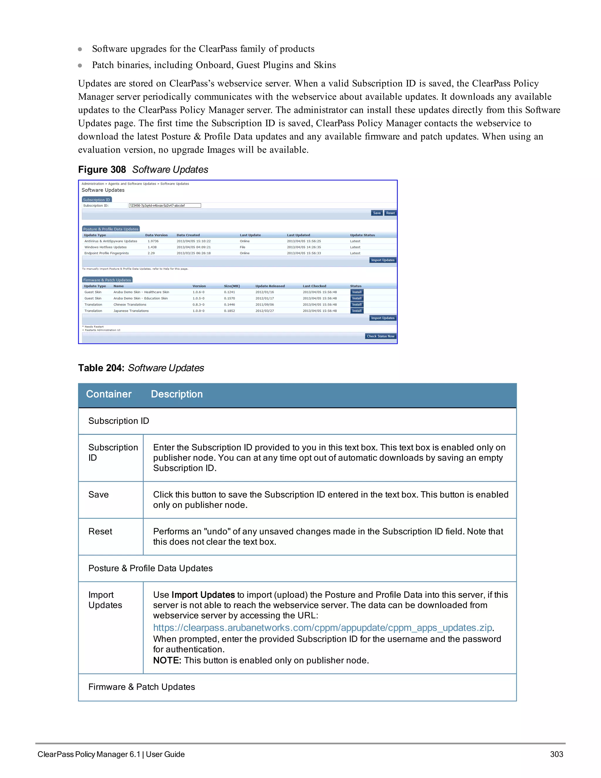 l Software upgrades for the ClearPass family of products
l Patch binaries, including Onboard, Guest Plugins and Skins
Updates are stored on ClearPass’s webservice server. When a valid Subscription ID is saved, the ClearPass Policy
Manager server periodically communicates with the webservice about available updates. It downloads any available
updates to the ClearPass Policy Manager server. The administrator can install these updates directly from this Software
Updates page. The first time the Subscription ID is saved, ClearPass Policy Manager contacts the webservice to
download the latest Posture & Profile Data updates and any available firmware and patch updates. When using an
evaluation version, no upgrade Images will be available.
Figure 308 Software Updates
Table 204: Software Updates
Container Description
Subscription ID
Subscription
ID
Enter the Subscription ID provided to you in this text box. This text box is enabled only on
publisher node. You can at any time opt out of automatic downloads by saving an empty
Subscription ID.
Save Click this button to save the Subscription ID entered in the text box. This button is enabled
only on publisher node.
Reset Performs an "undo" of any unsaved changes made in the Subscription ID field. Note that
this does not clear the text box.
Posture & Profile Data Updates
Import
Updates
Use Import Updates to import (upload) the Posture and Profile Data into this server, if this
server is not able to reach the webservice server. The data can be downloaded from
webservice server by accessing the URL:
https://clearpass.arubanetworks.com/cppm/appupdate/cppm_apps_updates.zip.
When prompted, enter the provided Subscription ID for the username and the password
for authentication.
NOTE: This button is enabled only on publisher node.
Firmware & Patch Updates
ClearPass Policy Manager 6.1 | User Guide 303
 