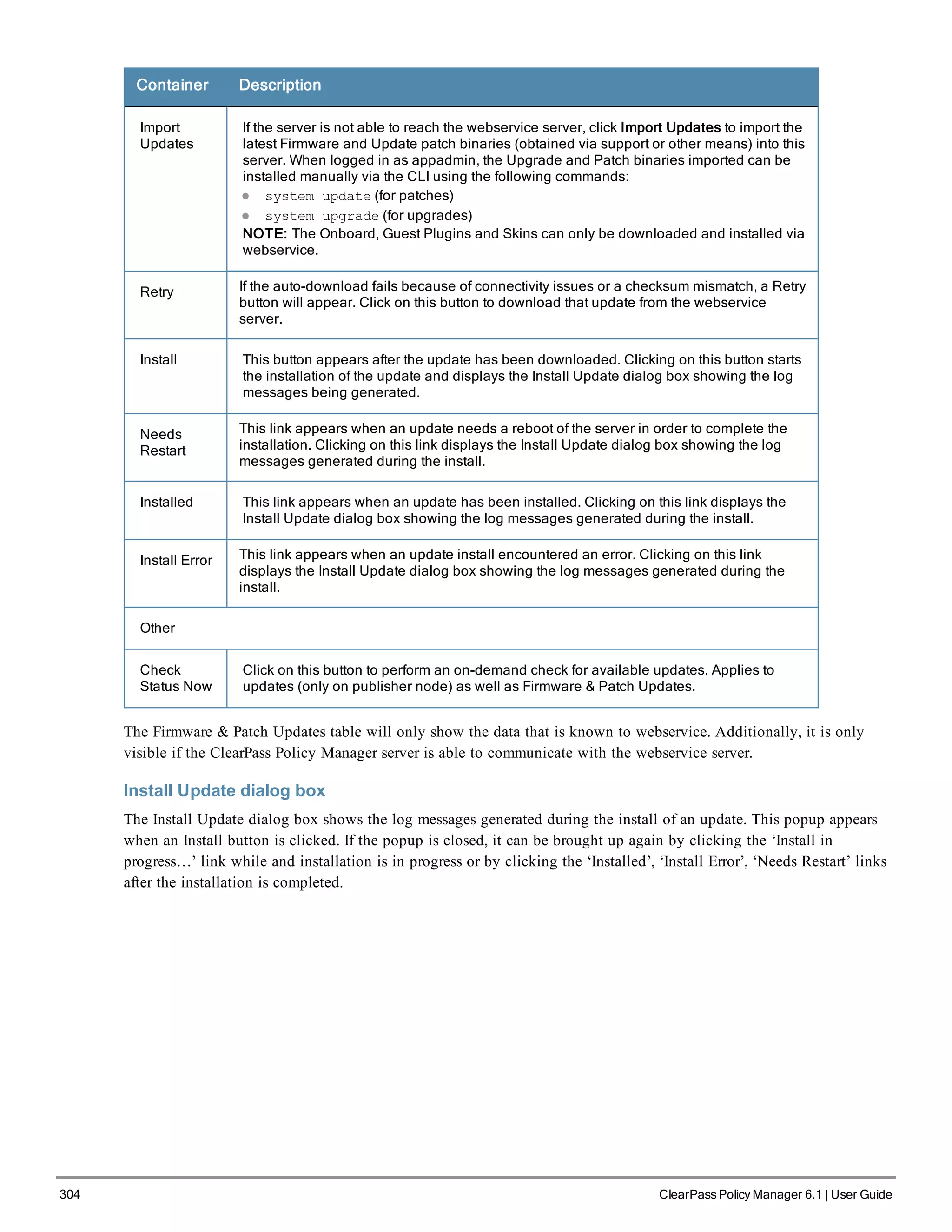 304 ClearPass Policy Manager 6.1 | User Guide
Container Description
Import
Updates
If the server is not able to reach the webservice server, click Import Updates to import the
latest Firmware and Update patch binaries (obtained via support or other means) into this
server. When logged in as appadmin, the Upgrade and Patch binaries imported can be
installed manually via the CLI using the following commands:
l system update (for patches)
l system upgrade (for upgrades)
NOTE: The Onboard, Guest Plugins and Skins can only be downloaded and installed via
webservice.
Retry If the auto-download fails because of connectivity issues or a checksum mismatch, a Retry
button will appear. Click on this button to download that update from the webservice
server.
Install This button appears after the update has been downloaded. Clicking on this button starts
the installation of the update and displays the Install Update dialog box showing the log
messages being generated.
Needs
Restart
This link appears when an update needs a reboot of the server in order to complete the
installation. Clicking on this link displays the Install Update dialog box showing the log
messages generated during the install.
Installed This link appears when an update has been installed. Clicking on this link displays the
Install Update dialog box showing the log messages generated during the install.
Install Error This link appears when an update install encountered an error. Clicking on this link
displays the Install Update dialog box showing the log messages generated during the
install.
Other
Check
Status Now
Click on this button to perform an on-demand check for available updates. Applies to
updates (only on publisher node) as well as Firmware & Patch Updates.
The Firmware & Patch Updates table will only show the data that is known to webservice. Additionally, it is only
visible if the ClearPass Policy Manager server is able to communicate with the webservice server.
Install Update dialog box
The Install Update dialog box shows the log messages generated during the install of an update. This popup appears
when an Install button is clicked. If the popup is closed, it can be brought up again by clicking the ‘Install in
progress…’ link while and installation is in progress or by clicking the ‘Installed’, ‘Install Error’, ‘Needs Restart’ links
after the installation is completed.
 