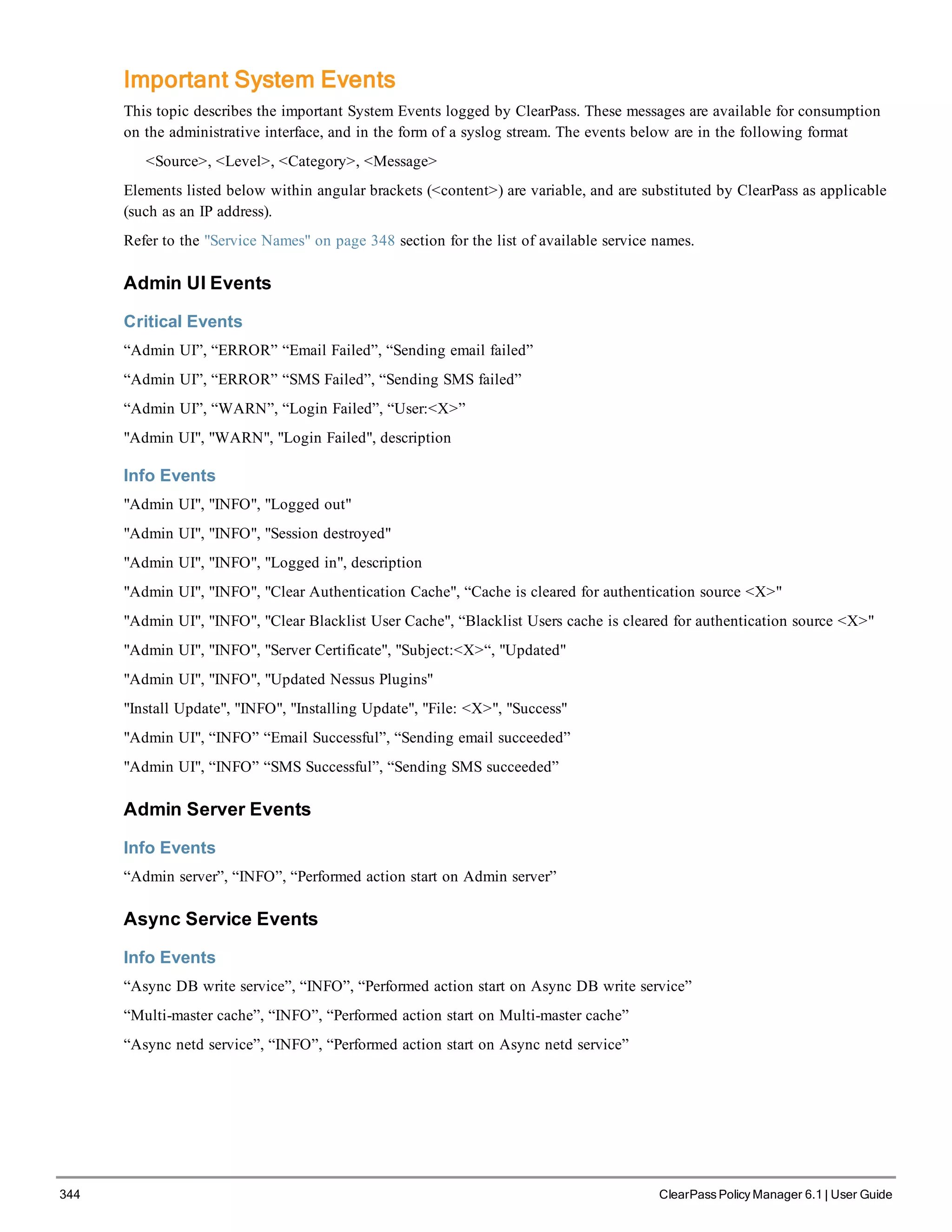 344 ClearPass Policy Manager 6.1 | User Guide
Important System Events
This topic describes the important System Events logged by ClearPass. These messages are available for consumption
on the administrative interface, and in the form of a syslog stream. The events below are in the following format
<Source>, <Level>, <Category>, <Message>
Elements listed below within angular brackets (<content>) are variable, and are substituted by ClearPass as applicable
(such as an IP address).
Refer to the "Service Names" on page 348 section for the list of available service names.
Admin UI Events
Critical Events
“Admin UI”, “ERROR” “Email Failed”, “Sending email failed”
“Admin UI”, “ERROR” “SMS Failed”, “Sending SMS failed”
“Admin UI”, “WARN”, “Login Failed”, “User:<X>”
"Admin UI", "WARN", "Login Failed", description
Info Events
"Admin UI", "INFO", "Logged out"
"Admin UI", "INFO", "Session destroyed"
"Admin UI", "INFO", "Logged in", description
"Admin UI", "INFO", "Clear Authentication Cache", “Cache is cleared for authentication source <X>"
"Admin UI", "INFO", "Clear Blacklist User Cache", “Blacklist Users cache is cleared for authentication source <X>"
"Admin UI", "INFO", "Server Certificate", "Subject:<X>“, "Updated"
"Admin UI", "INFO", "Updated Nessus Plugins"
"Install Update", "INFO", "Installing Update", "File: <X>", "Success"
"Admin UI", “INFO” “Email Successful”, “Sending email succeeded”
"Admin UI", “INFO” “SMS Successful”, “Sending SMS succeeded”
Admin Server Events
Info Events
“Admin server”, “INFO”, “Performed action start on Admin server”
Async Service Events
Info Events
“Async DB write service”, “INFO”, “Performed action start on Async DB write service”
“Multi-master cache”, “INFO”, “Performed action start on Multi-master cache”
“Async netd service”, “INFO”, “Performed action start on Async netd service”
 