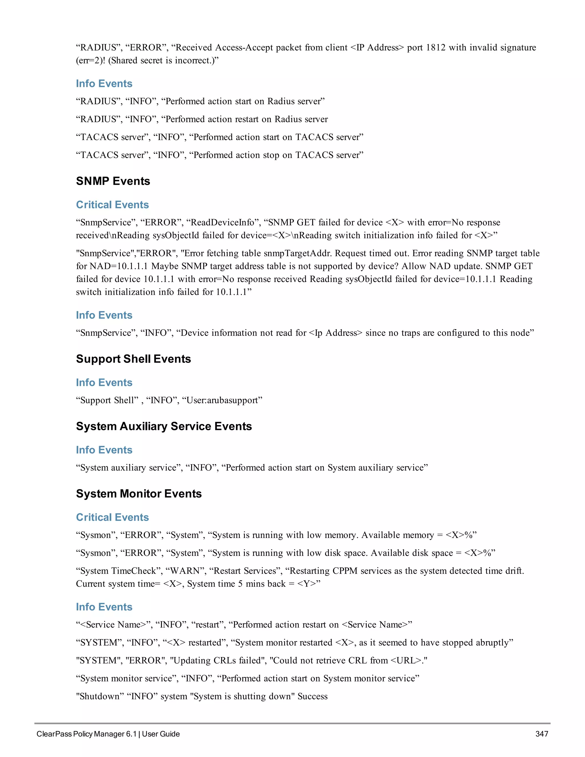 “RADIUS”, “ERROR”, “Received Access-Accept packet from client <IP Address> port 1812 with invalid signature
(err=2)! (Shared secret is incorrect.)”
Info Events
“RADIUS”, “INFO”, “Performed action start on Radius server”
“RADIUS”, “INFO”, “Performed action restart on Radius server
“TACACS server”, “INFO”, “Performed action start on TACACS server”
“TACACS server”, “INFO”, “Performed action stop on TACACS server”
SNMP Events
Critical Events
“SnmpService”, “ERROR”, “ReadDeviceInfo”, “SNMP GET failed for device <X> with error=No response
receivednReading sysObjectId failed for device=<X>nReading switch initialization info failed for <X>”
"SnmpService","ERROR", "Error fetching table snmpTargetAddr. Request timed out. Error reading SNMP target table
for NAD=10.1.1.1 Maybe SNMP target address table is not supported by device? Allow NAD update. SNMP GET
failed for device 10.1.1.1 with error=No response received Reading sysObjectId failed for device=10.1.1.1 Reading
switch initialization info failed for 10.1.1.1”
Info Events
“SnmpService”, “INFO”, “Device information not read for <Ip Address> since no traps are configured to this node”
Support Shell Events
Info Events
“Support Shell” , “INFO”, “User:arubasupport”
System Auxiliary Service Events
Info Events
“System auxiliary service”, “INFO”, “Performed action start on System auxiliary service”
System Monitor Events
Critical Events
“Sysmon”, “ERROR”, “System”, “System is running with low memory. Available memory = <X>%”
“Sysmon”, “ERROR”, “System”, “System is running with low disk space. Available disk space = <X>%”
“System TimeCheck”, “WARN”, “Restart Services”, “Restarting CPPM services as the system detected time drift.
Current system time= <X>, System time 5 mins back = <Y>”
Info Events
“<Service Name>”, “INFO”, “restart”, “Performed action restart on <Service Name>”
“SYSTEM”, “INFO”, “<X> restarted”, “System monitor restarted <X>, as it seemed to have stopped abruptly”
"SYSTEM", "ERROR", "Updating CRLs failed", "Could not retrieve CRL from <URL>."
“System monitor service”, “INFO”, “Performed action start on System monitor service”
"Shutdown” “INFO” system "System is shutting down" Success
ClearPass Policy Manager 6.1 | User Guide 347
 