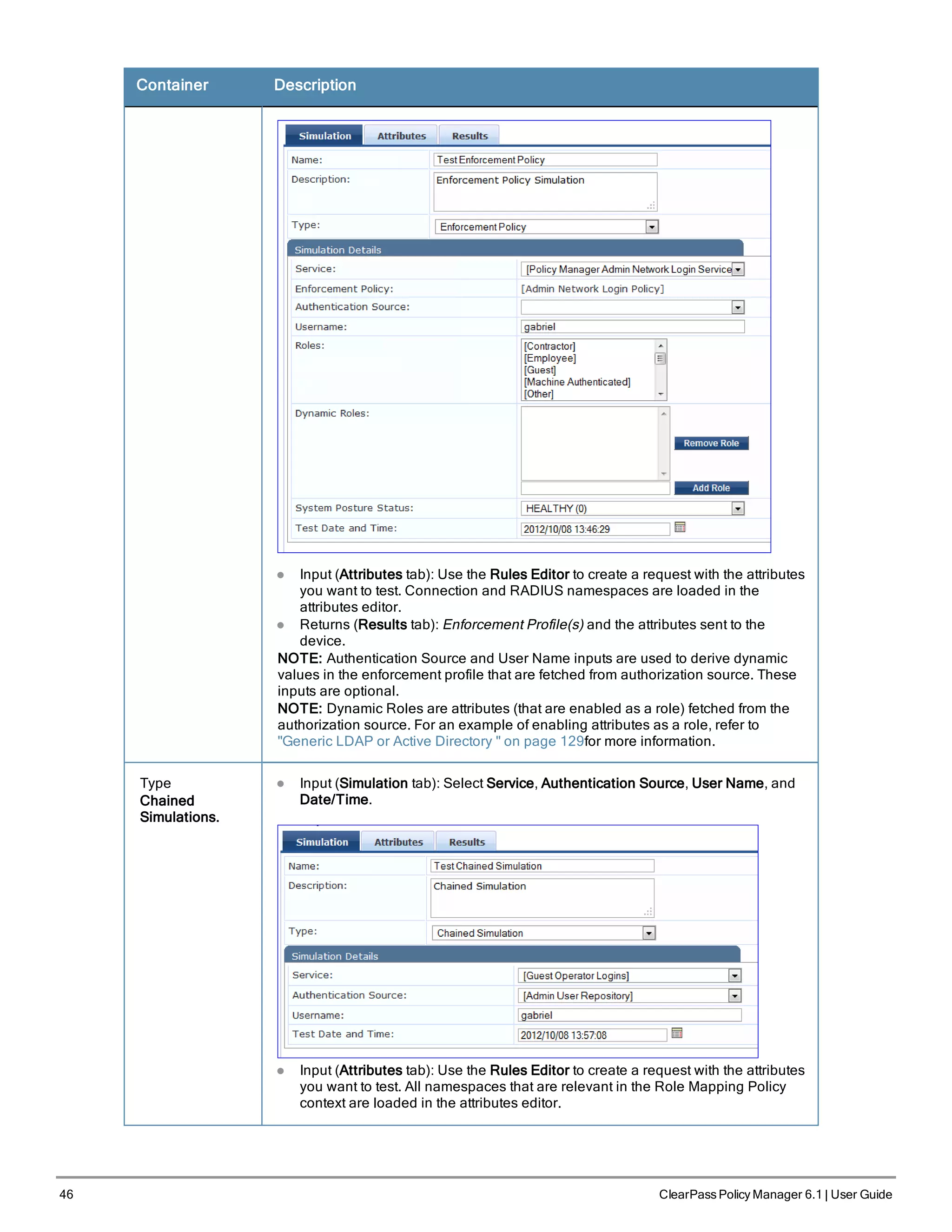 46 ClearPass Policy Manager 6.1 | User Guide
Container Description
l Input (Attributes tab): Use the Rules Editor to create a request with the attributes
you want to test. Connection and RADIUS namespaces are loaded in the
attributes editor.
l Returns (Results tab): Enforcement Profile(s) and the attributes sent to the
device.
NOTE: Authentication Source and User Name inputs are used to derive dynamic
values in the enforcement profile that are fetched from authorization source. These
inputs are optional.
NOTE: Dynamic Roles are attributes (that are enabled as a role) fetched from the
authorization source. For an example of enabling attributes as a role, refer to
"Generic LDAP or Active Directory " on page 129for more information.
Type
Chained
Simulations.
l Input (Simulation tab): Select Service, Authentication Source, User Name, and
Date/Time.
l Input (Attributes tab): Use the Rules Editor to create a request with the attributes
you want to test. All namespaces that are relevant in the Role Mapping Policy
context are loaded in the attributes editor.
 