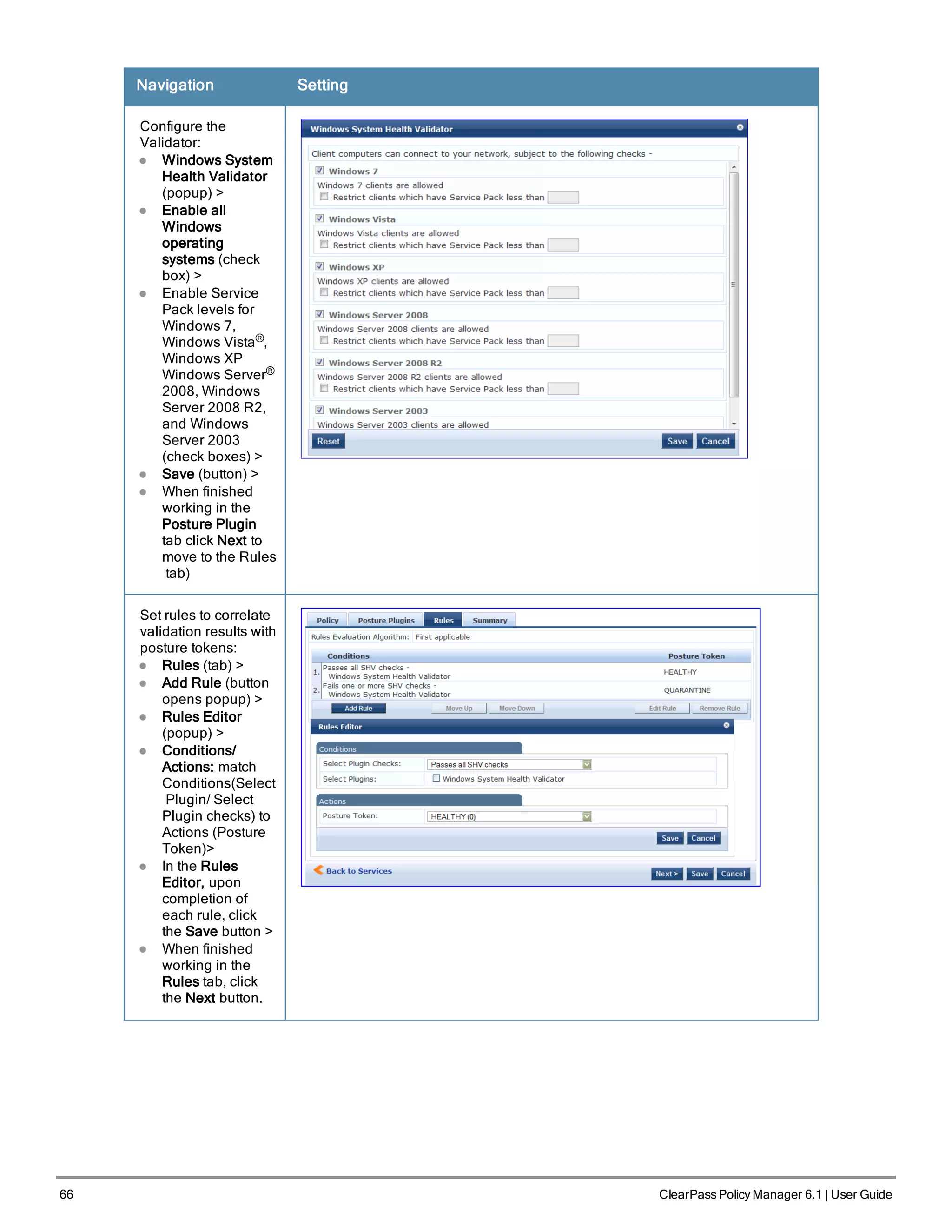 66 ClearPass Policy Manager 6.1 | User Guide
Navigation Setting
Configure the
Validator:
l Windows System
Health Validator
(popup) >
l Enable all
Windows
operating
systems (check
box) >
l Enable Service
Pack levels for
Windows 7,
Windows Vista®,
Windows XP
Windows Server®
2008, Windows
Server 2008 R2,
and Windows
Server 2003
(check boxes) >
l Save (button) >
l When finished
working in the
Posture Plugin
tab click Next to
move to the Rules
tab)
Set rules to correlate
validation results with
posture tokens:
l Rules (tab) >
l Add Rule (button
opens popup) >
l Rules Editor
(popup) >
l Conditions/
Actions: match
Conditions(Select
Plugin/ Select
Plugin checks) to
Actions (Posture
Token)>
l In the Rules
Editor, upon
completion of
each rule, click
the Save button >
l When finished
working in the
Rules tab, click
the Next button.
 